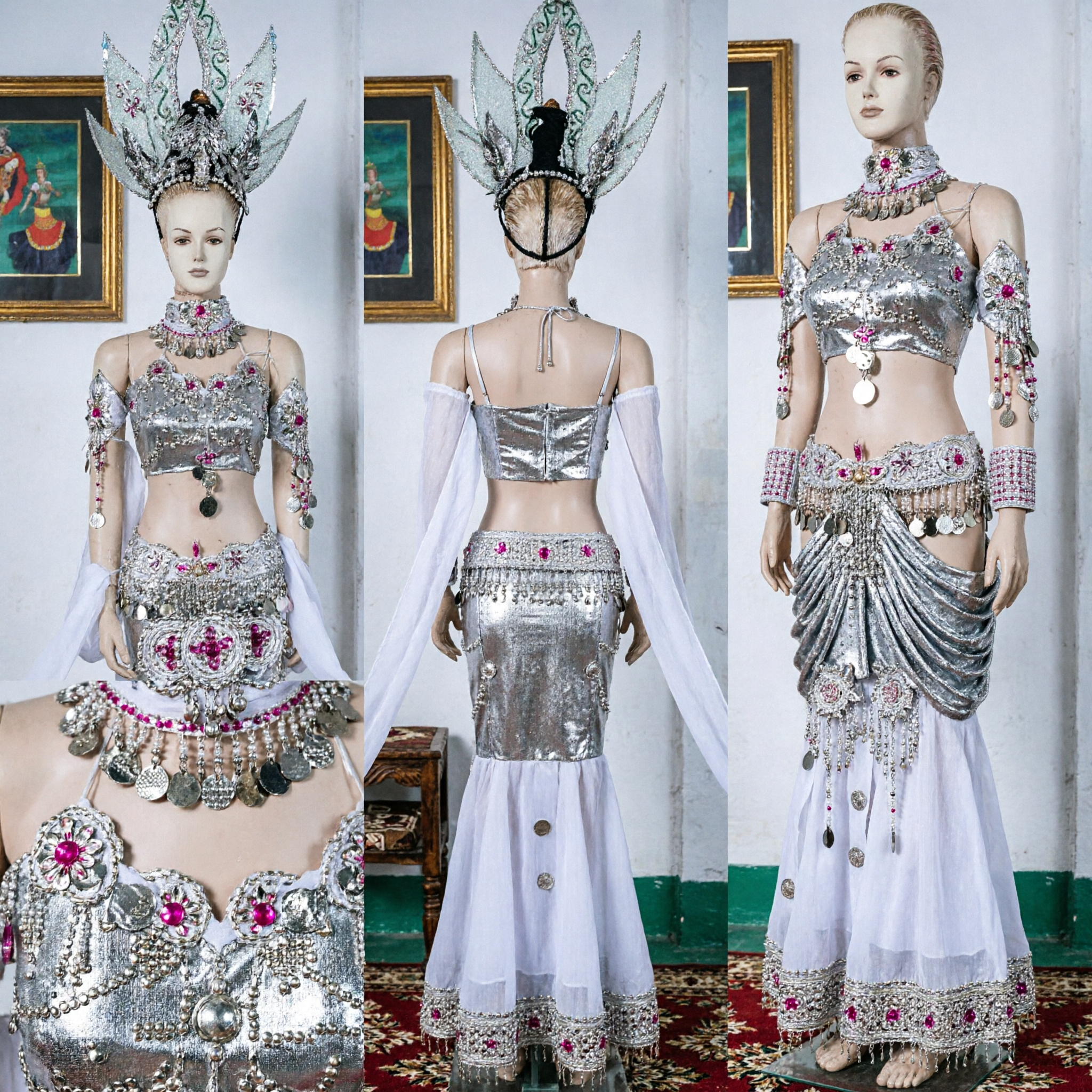 Traditional Dai Peacock Dance Costume for Women Silver Sequin Mermaid Skirt Performance Outfit with Elaborate Headdress - Asian Costume