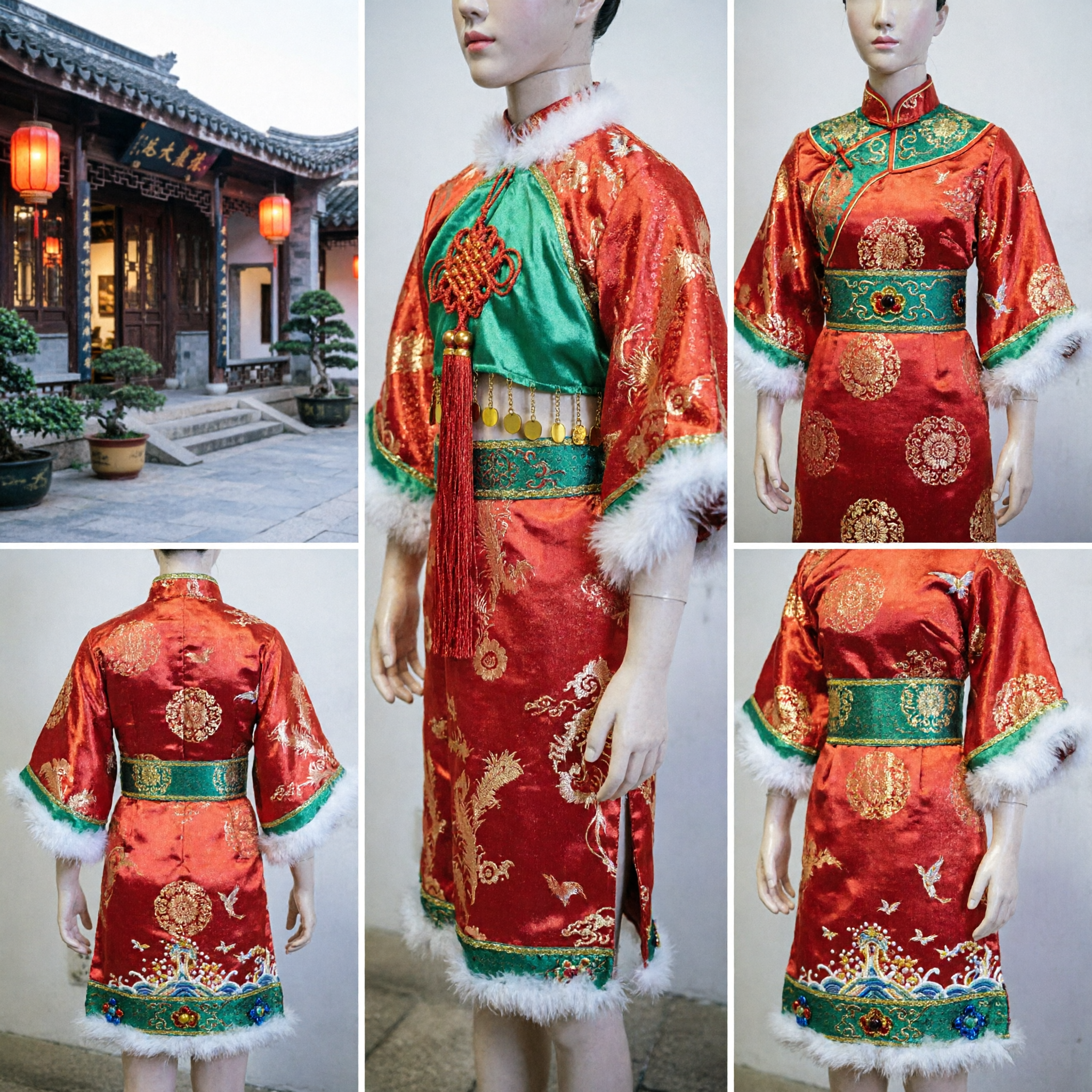 Kids Traditional Chinese Winter Tang Suit Red Green Brocade Outfit with Fur Trim for Lunar New Year - Asian Costume