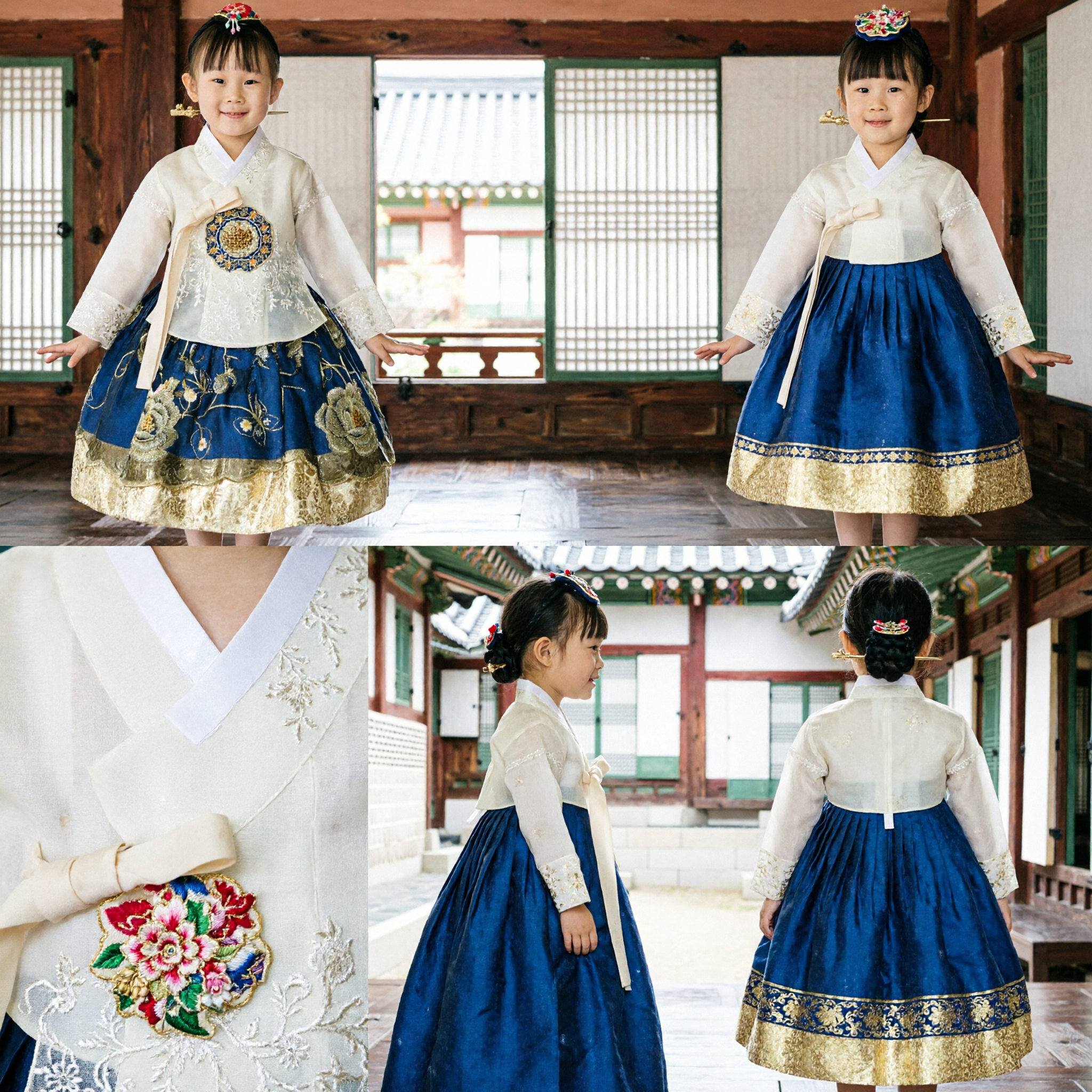 Korean Traditional Hanbok for Kids Girls Blue Gold Floral Embroidery Dress Formal Wedding Birthday Party Costume - Asian Costume