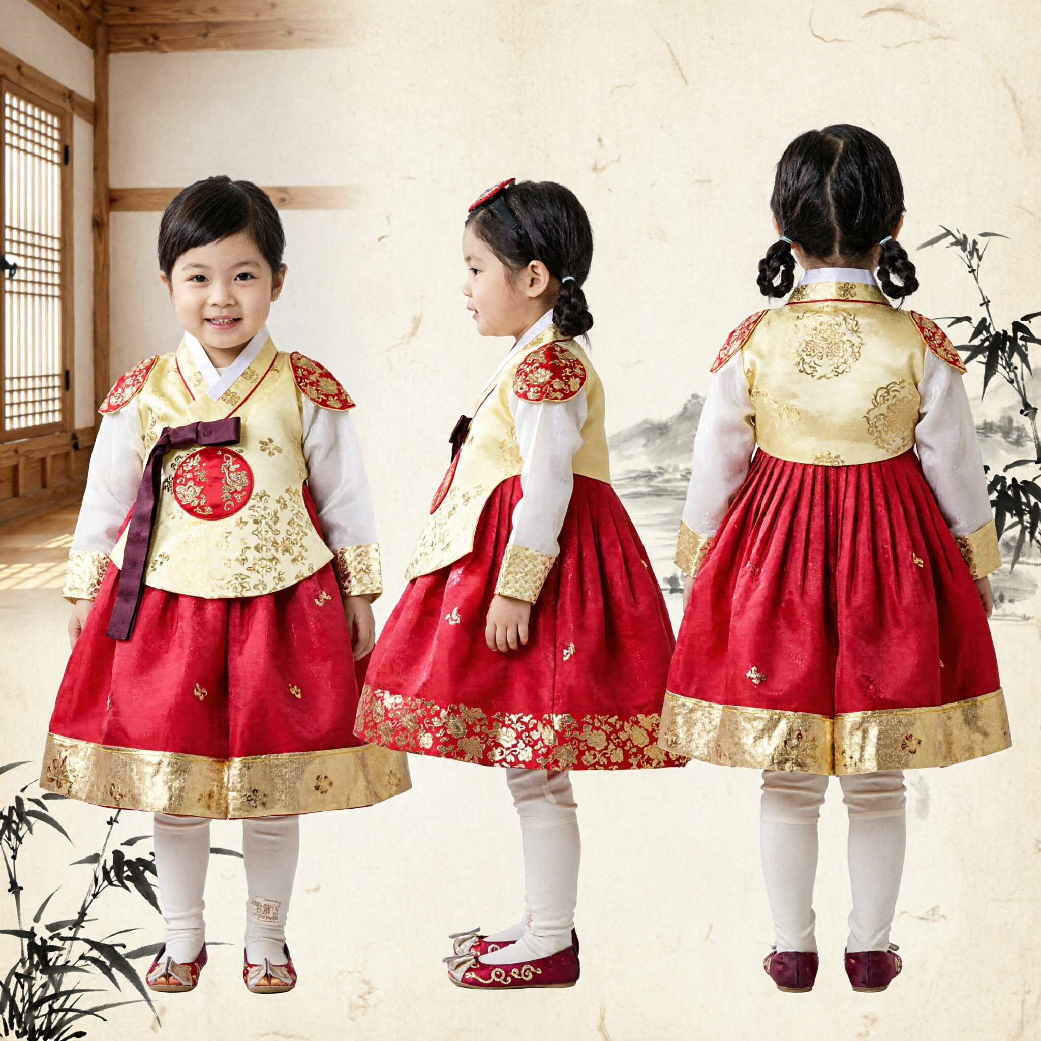 Girls Yellow and Red Korean Hanbok Traditional Costume Set for Wedding Birthday Party Holiday Celebration - Asian Costume