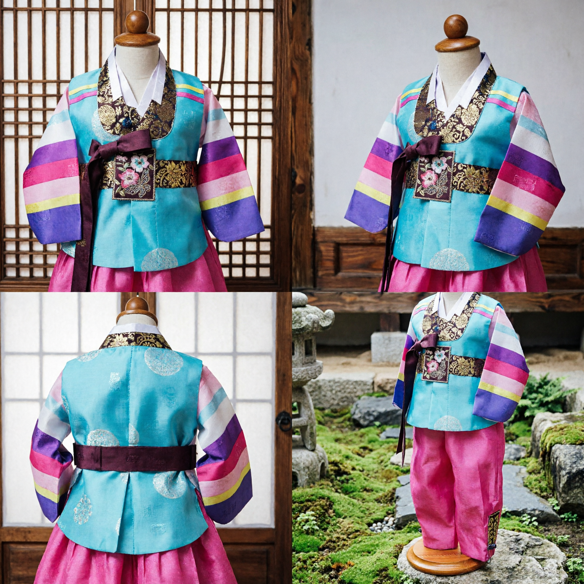 Traditional Korean Kids Hanbok Set Colorful Saekdong Top and Pink Pants for Festivals - Asian Costume