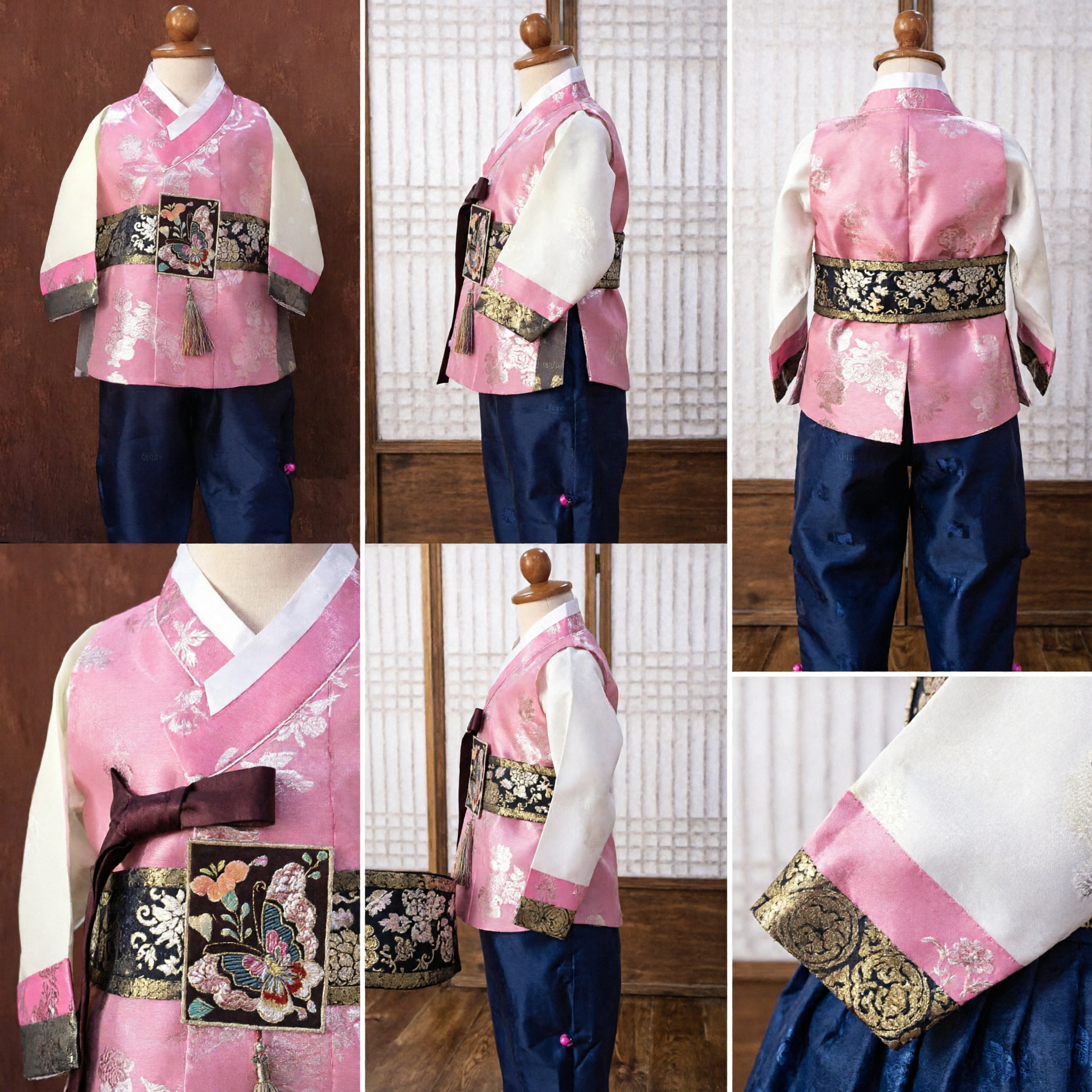 Kids Korean Traditional Hanbok Set Pink Floral Top Blue Pants Butterfly Sash for First Birthday Celebration - Asian Costume
