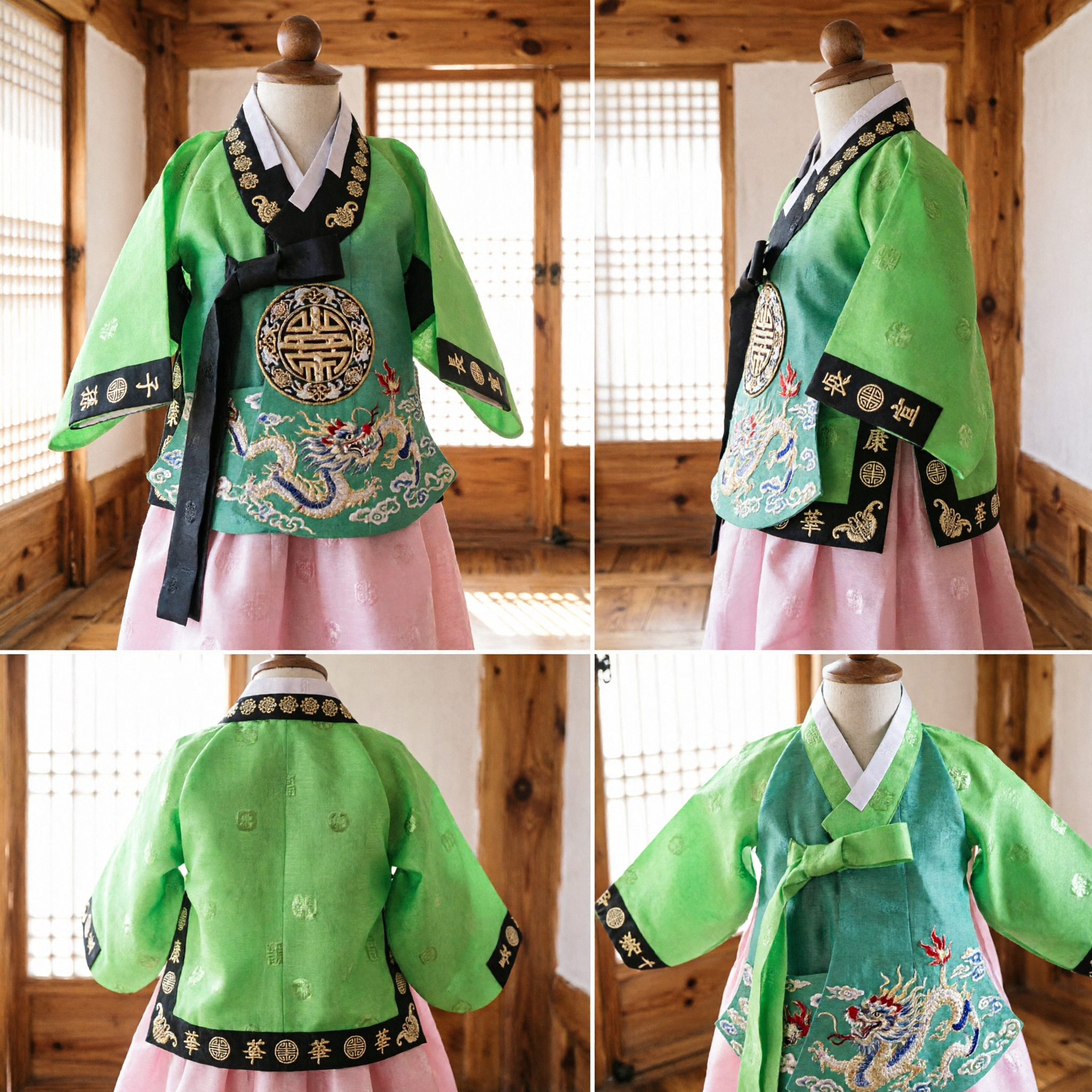 Traditional Korean Hanbok Dolbok for Boys First Birthday Ceremony Green Jeogori with Gold Embroidery and Pink Pants - Asian Costume