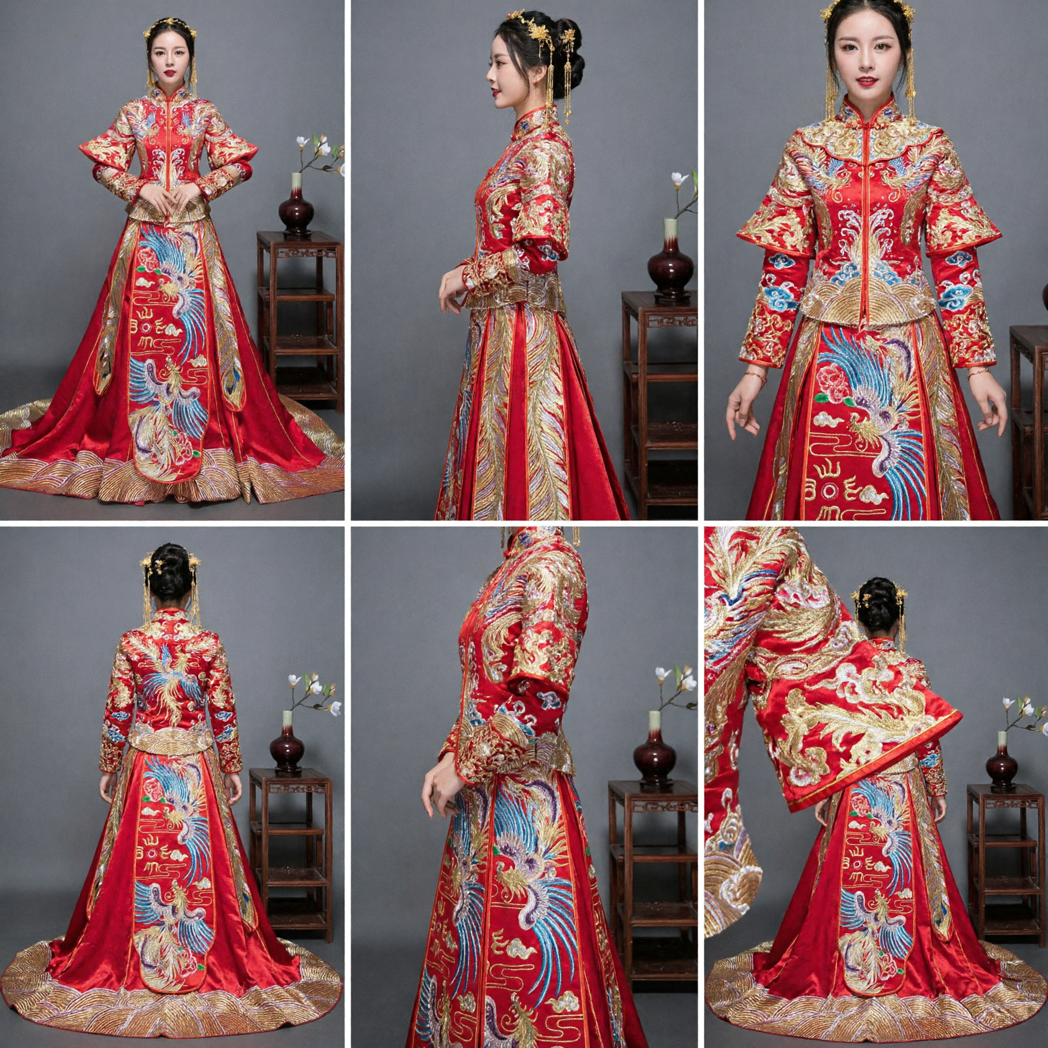 Traditional Chinese Wedding Dress Red Xiuhe Suit Dragon Phoenix Embroidery Gown for Bride - Asian Costume