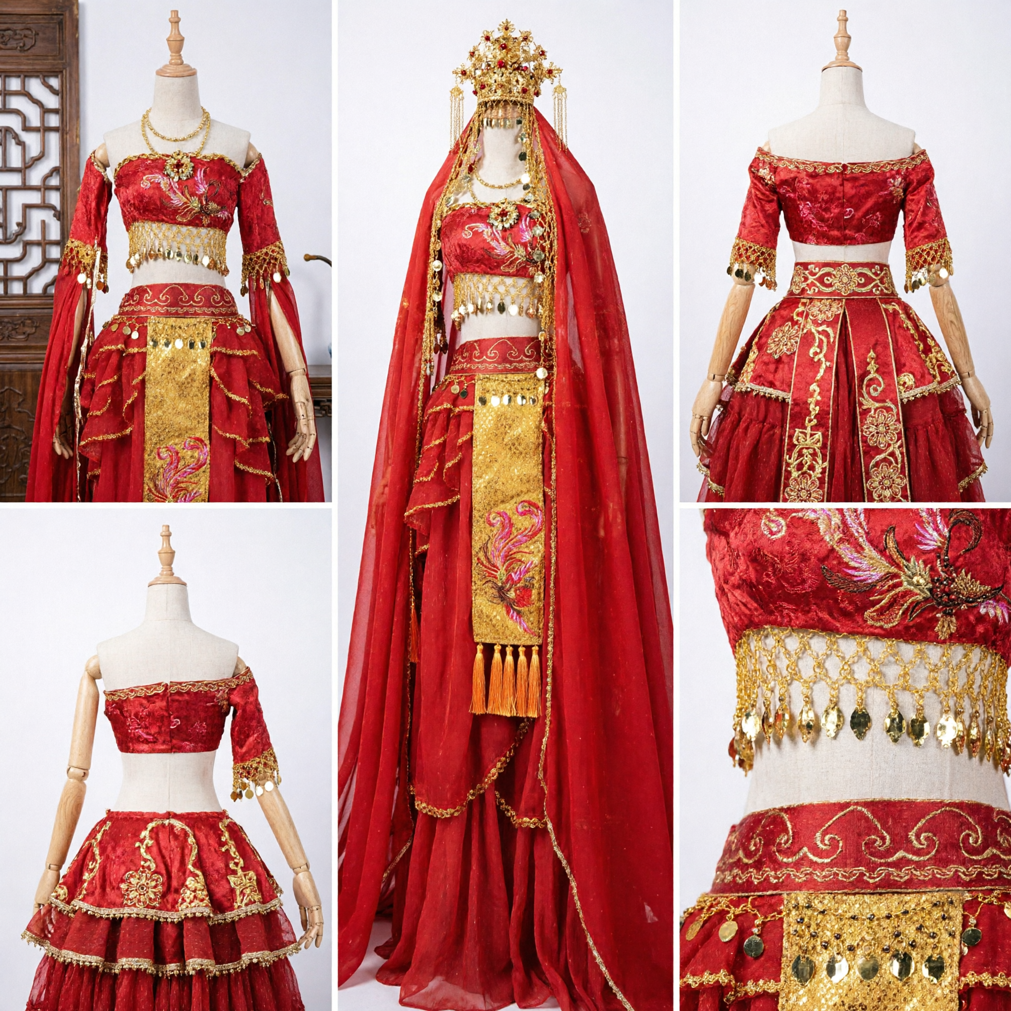Women's Red Traditional Belly Dance Costume Set with Veil and Gold Embroidery for Stage Performance - Asian Costume