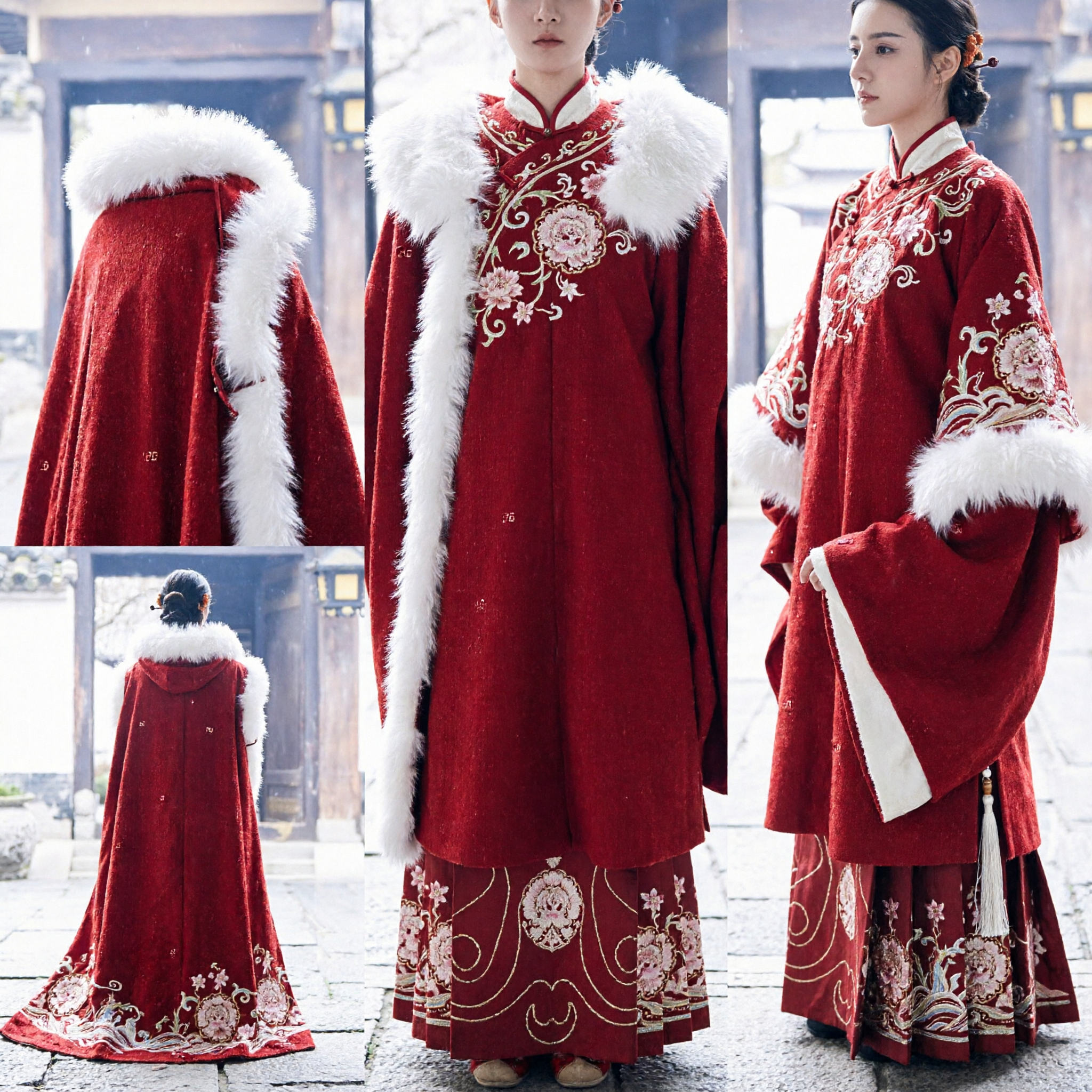 Ancient Chinese Red Hanfu Winter Cloak with White Fur Trim Traditional Historical Costume for Women - Asian Costume