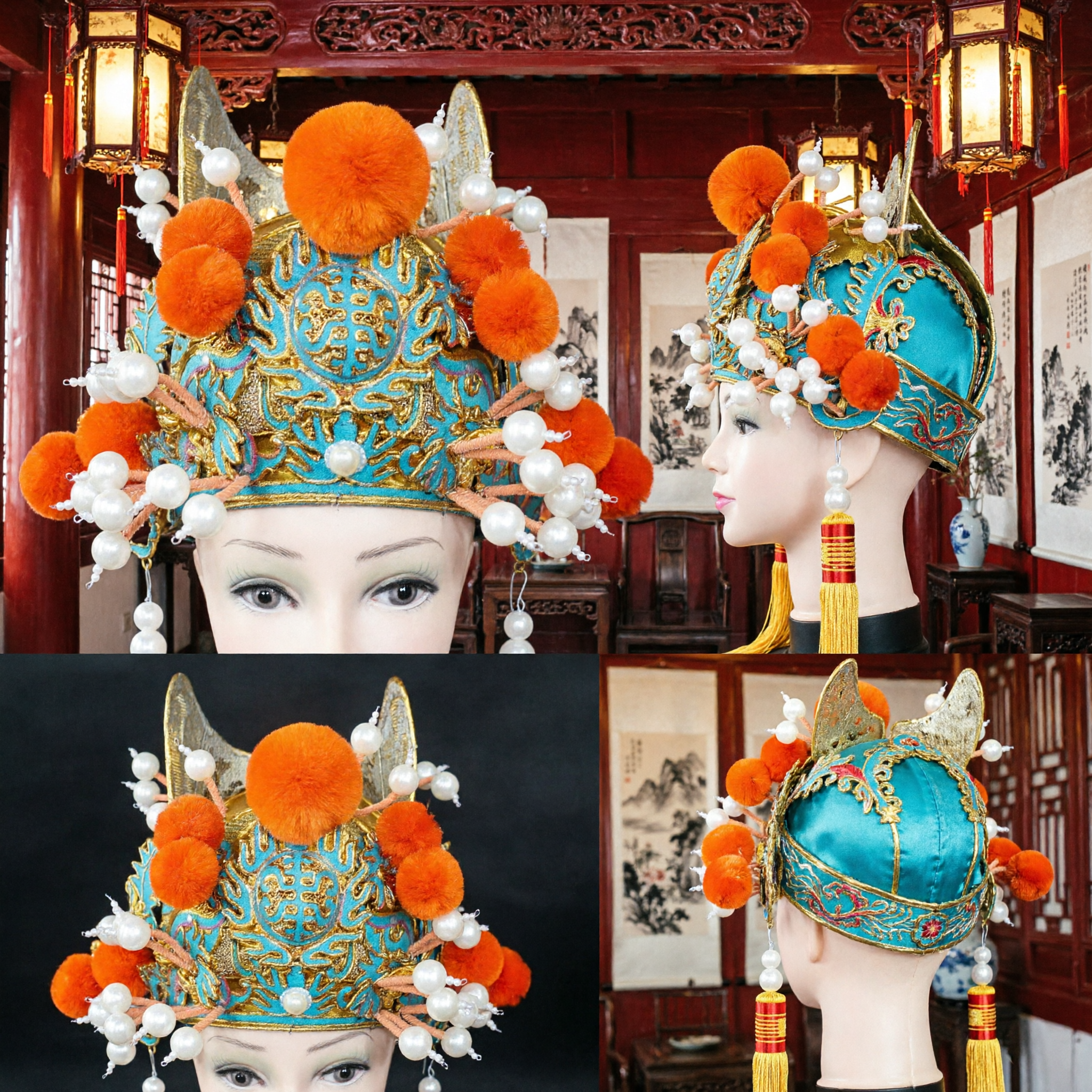 Traditional Chinese Opera Headdress Blue and Gold Phoenix Crown with Orange Pom-poms for Peking Opera Performance - Asian Costume