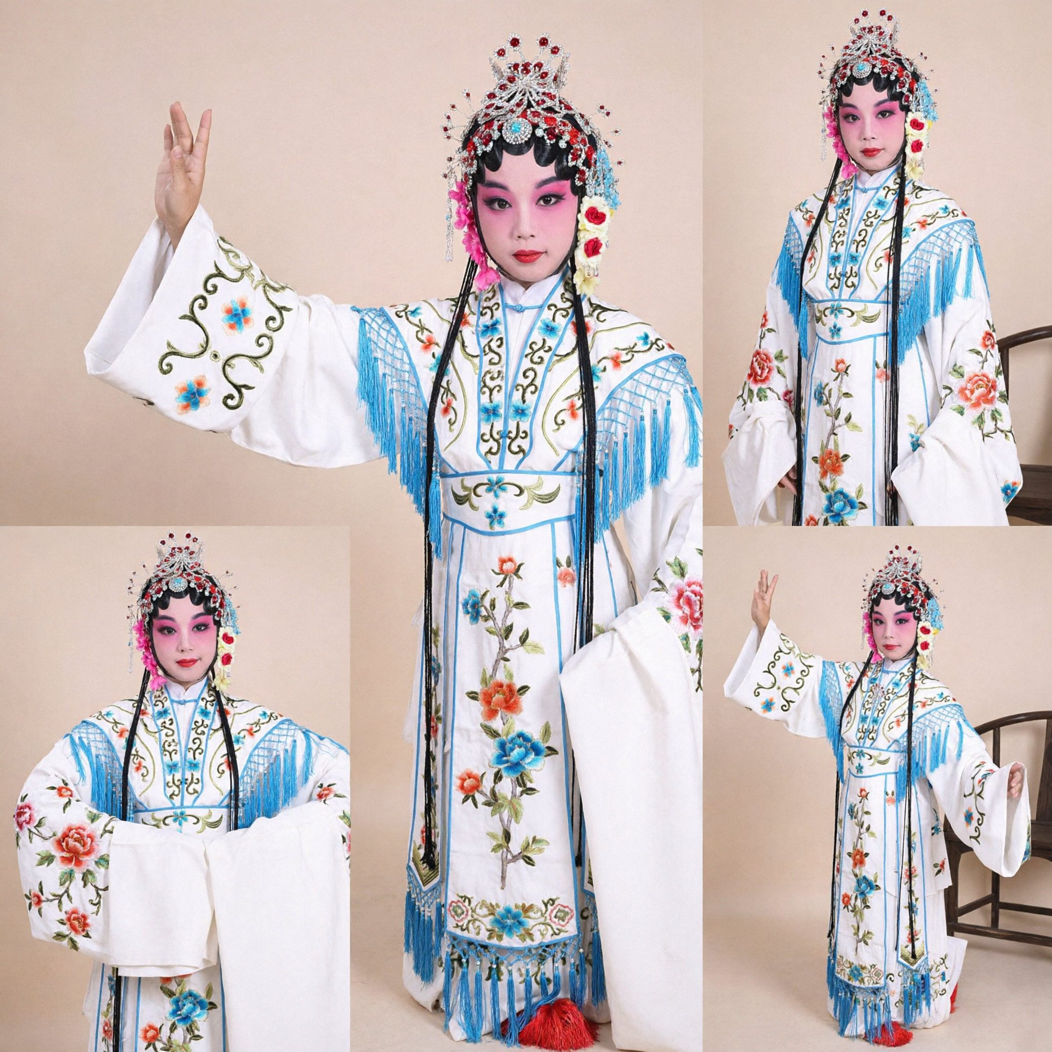 Traditional Chinese Beijing Opera Costume for Kids Girls White Embroidery Robe Headdress for Stage Show - Asian Costume