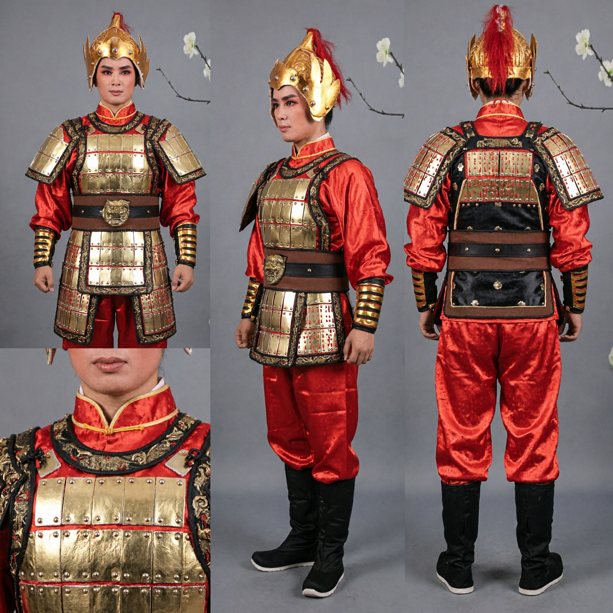 Men's Traditional Chinese General Warrior Costume Complete Set Red Satin Armor with Helmet for Stage Performance - Asian Costume