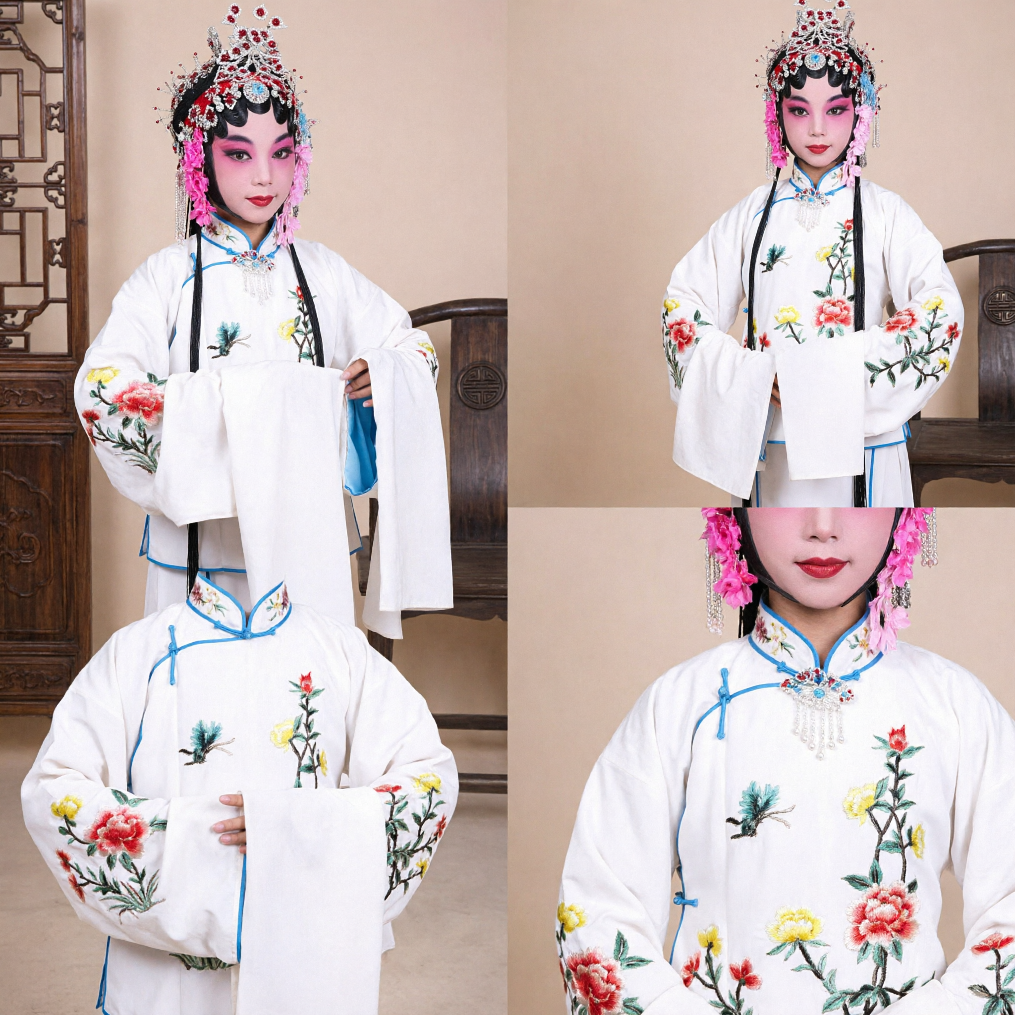 Traditional Chinese Peking Opera Costume for Girls White Floral Embroidery Stage Performance Complete Set - Asian Costume