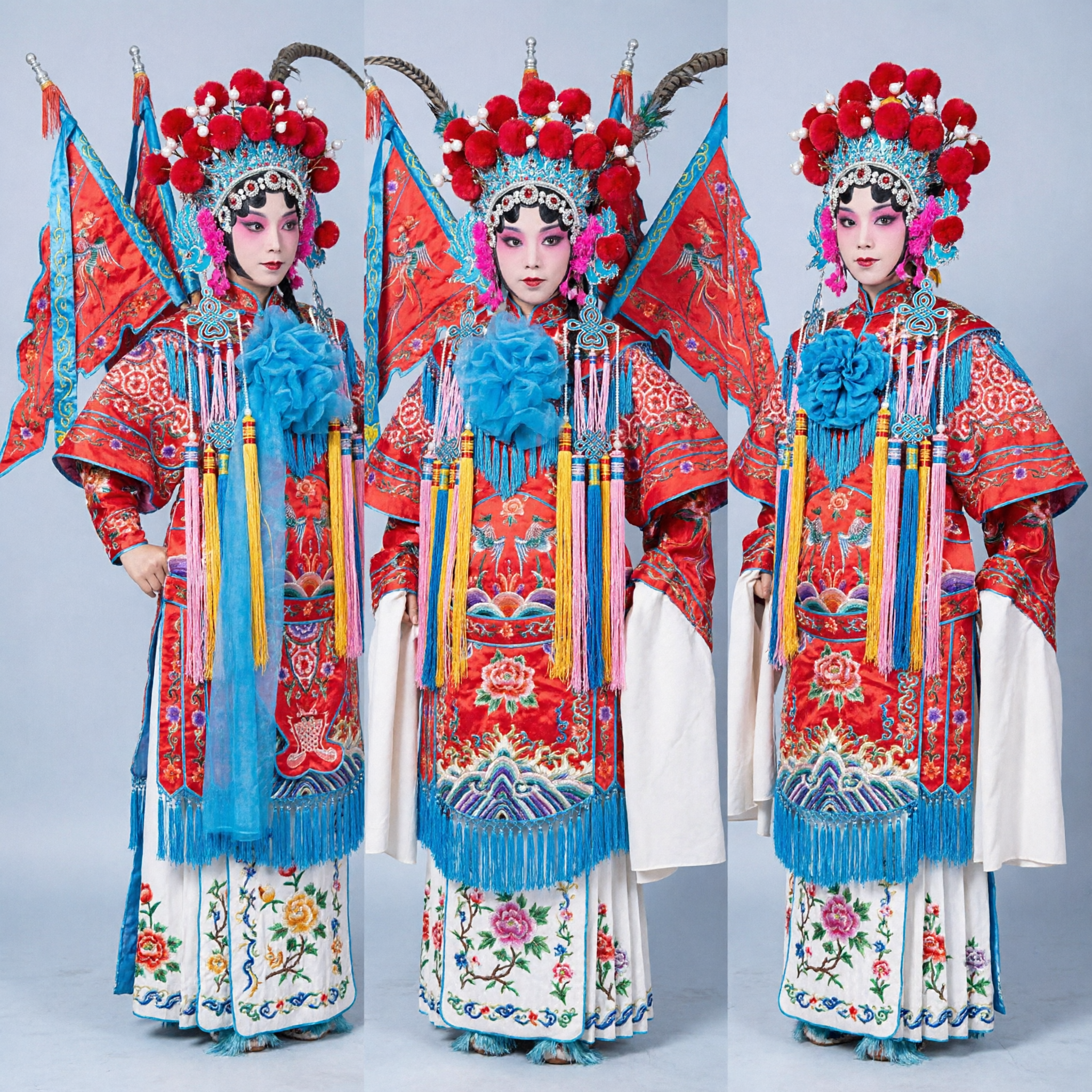 Traditional Chinese Peking Opera Female Warrior Costume Red General Armor with Flags and Headdress for Stage Performance - Asian Costume