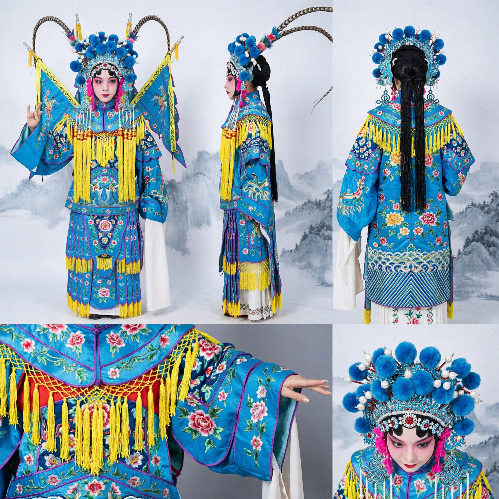 Traditional Chinese Peking Opera Female General Costume Blue Embroidered Warrior Outfit with Flags and Headdress for Women - Asian Costume