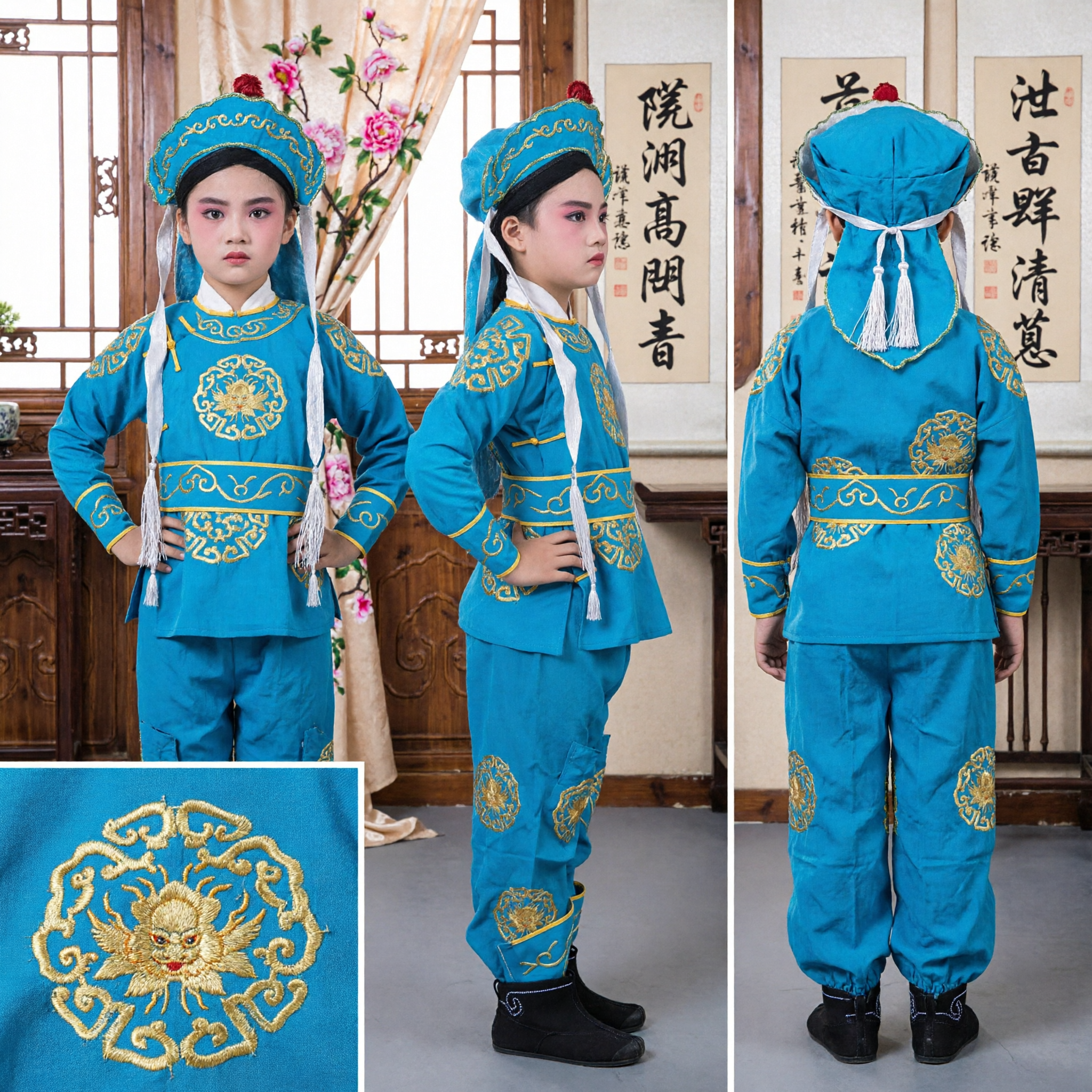 Kids Traditional Chinese Peking Opera Costume Blue Embroidered Scholar Outfit for Boys Stage Performance - Asian Costume