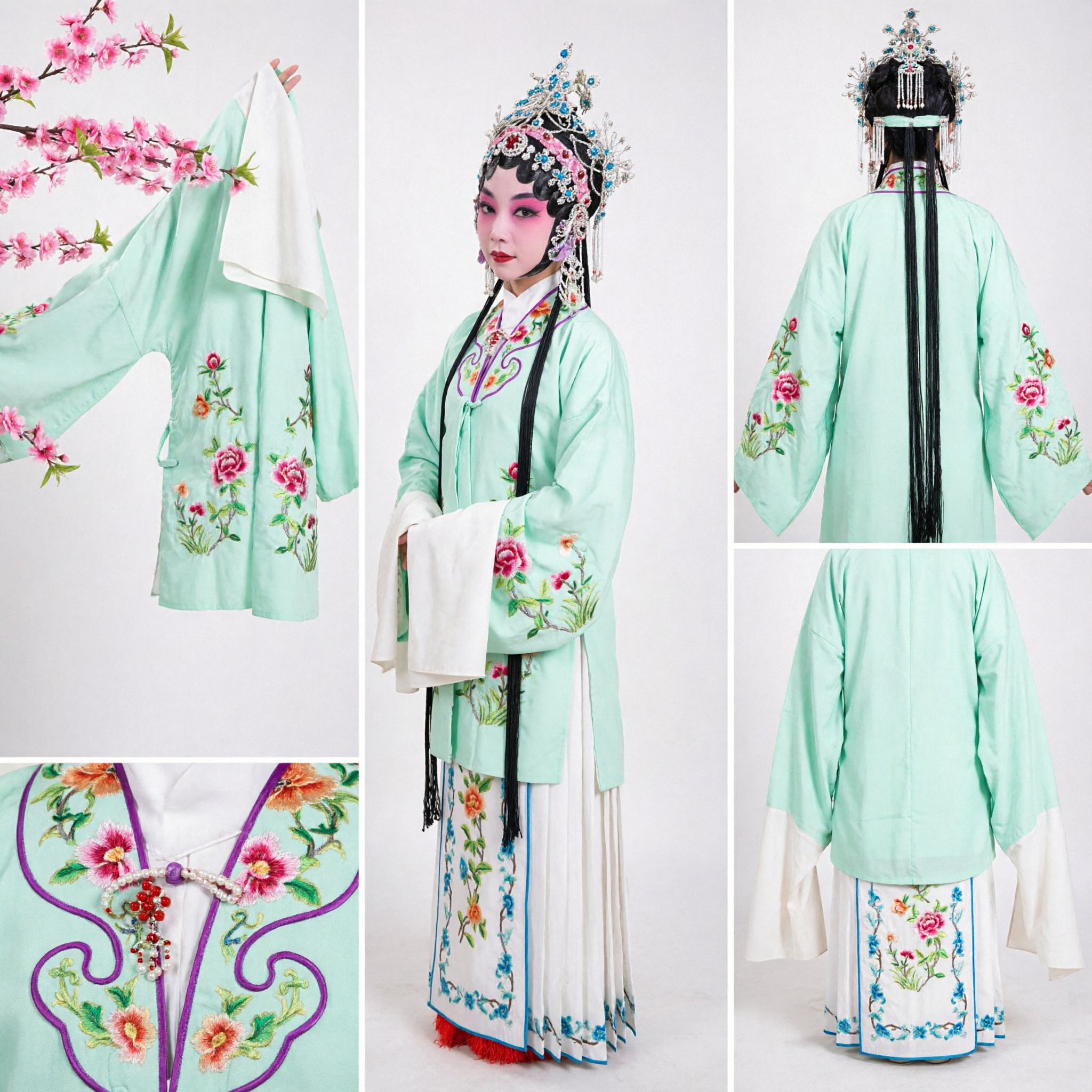 Traditional Chinese Peking Opera Costume Female Dan Role Green Embroidered Dress with Water Sleeves for Stage Performance - Asian Costume