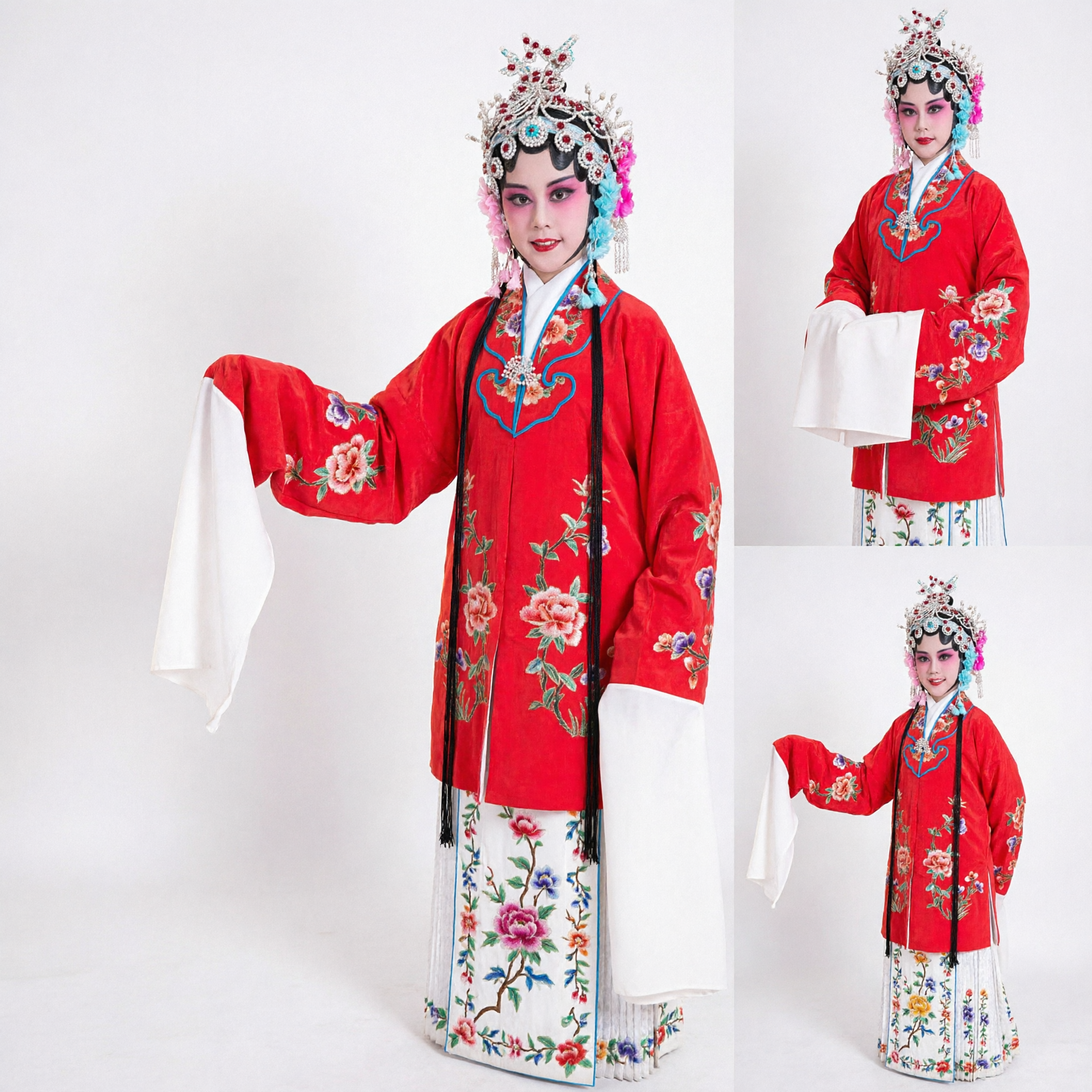 Traditional Chinese Peking Opera Costume Red Robe Floral Embroidery Water Sleeves for Female Stage Performance - Asian Costume
