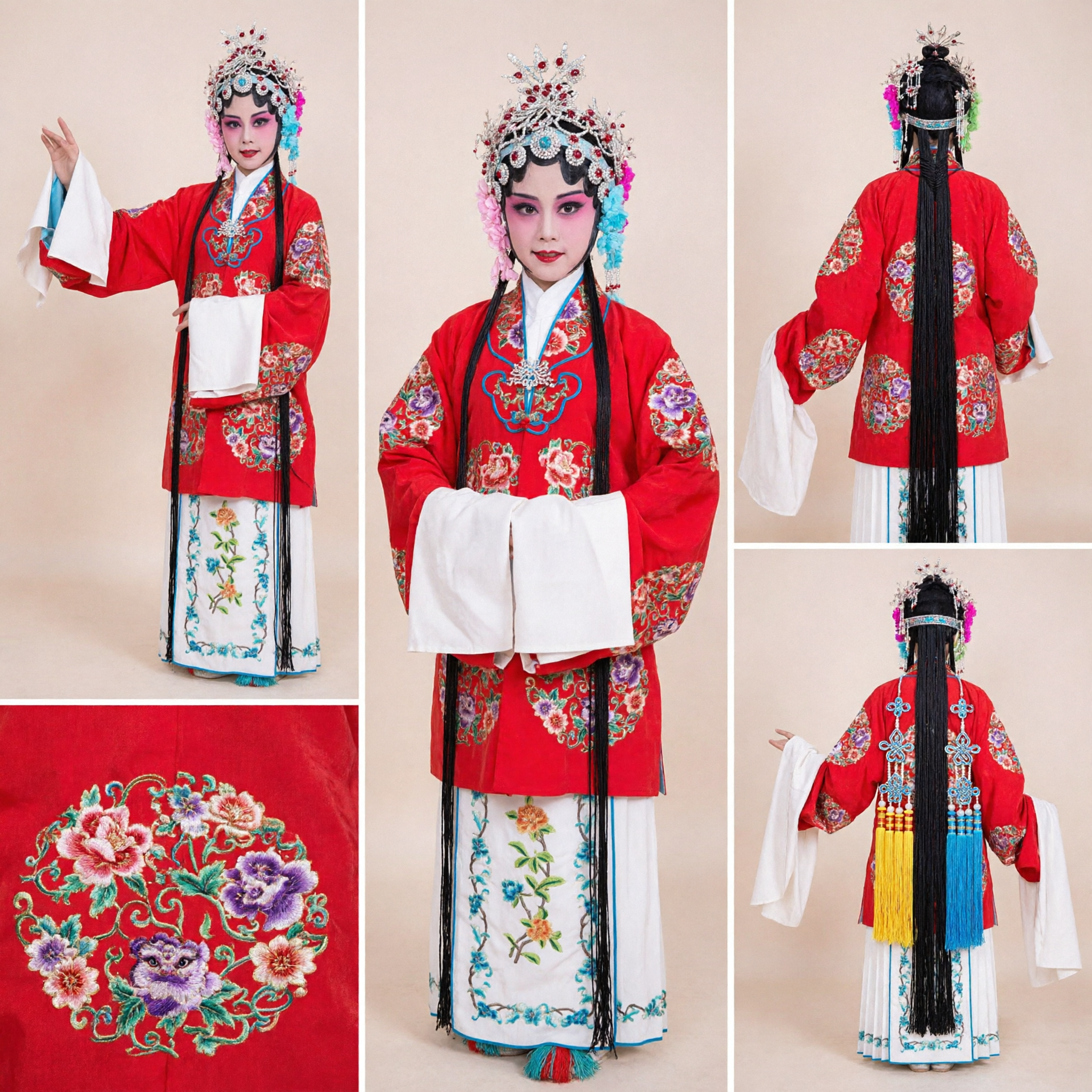 Traditional Chinese Peking Opera Costume Red Embroidered Ancient Female General Robe with Headdress for Stage Performance - Asian Costume