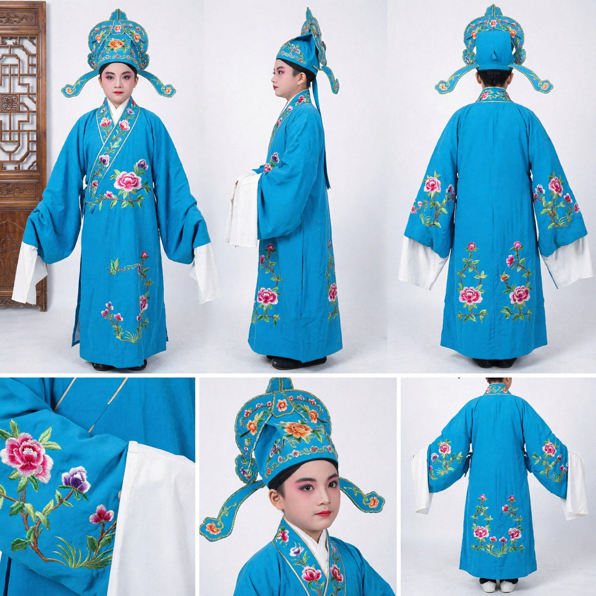 Traditional Chinese Peking Opera Blue Scholar Costume for Kids Complete Stage Performance Set with Hat - Asian Costume