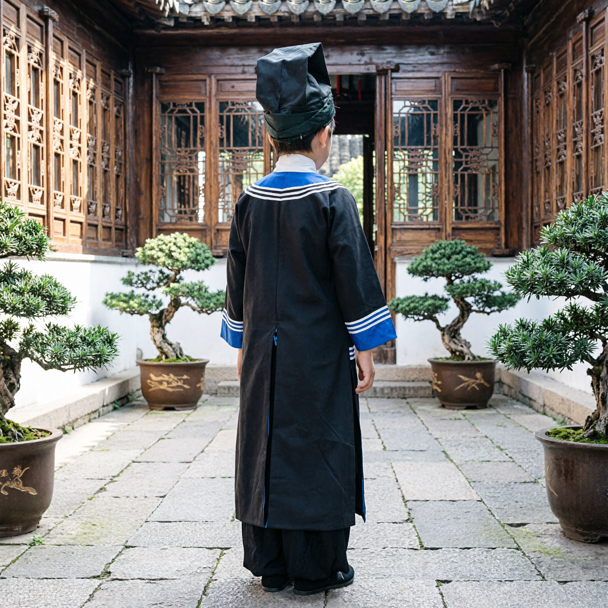 Traditional Chinese Ancient Scholar Costume Black Robe with Blue Trim and Hat for Men Boys Stage Performance - Asian Costume