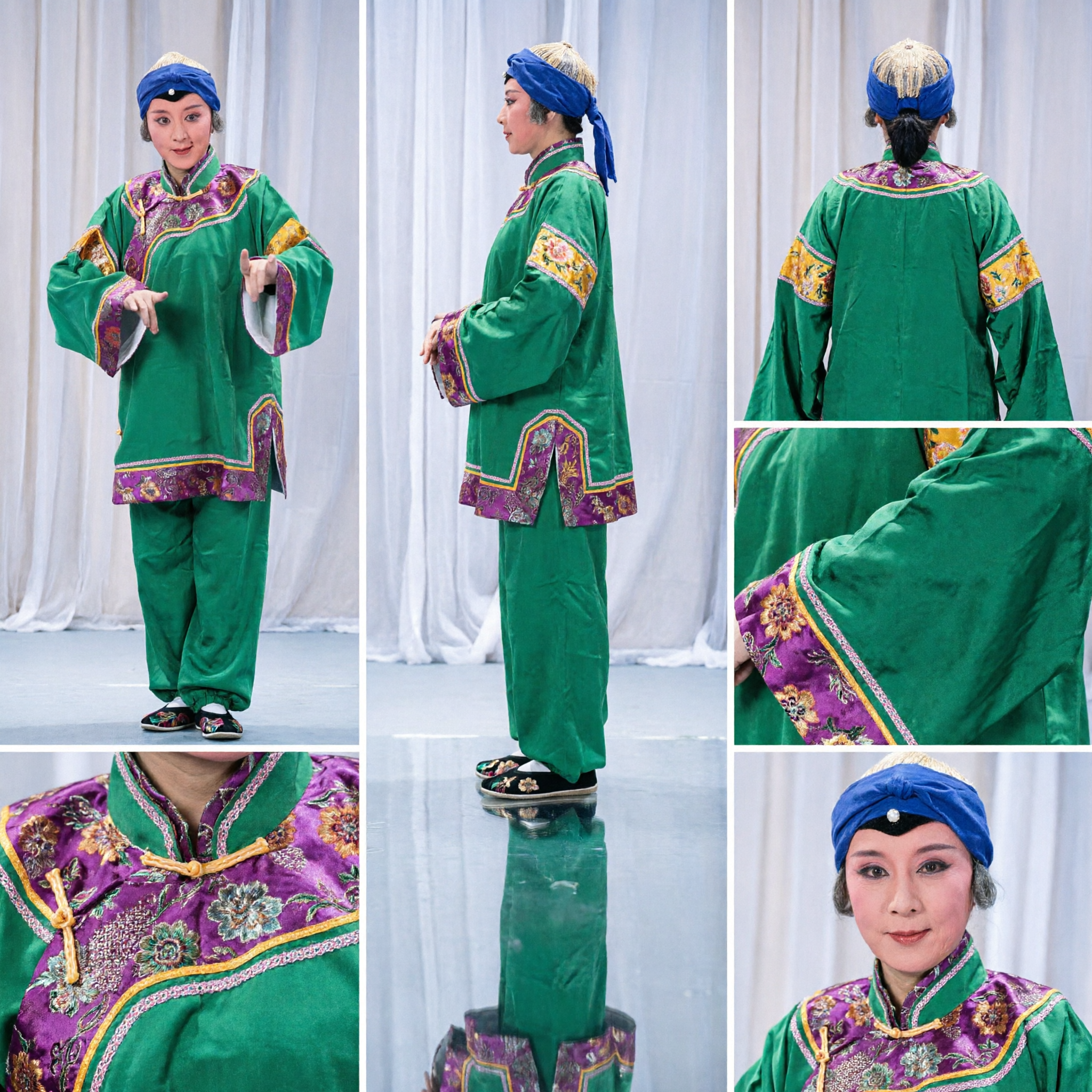 Traditional Chinese Opera Green Robe Costume with Purple Embroidery for Beijing Opera Clown Role Performance - Asian Costume