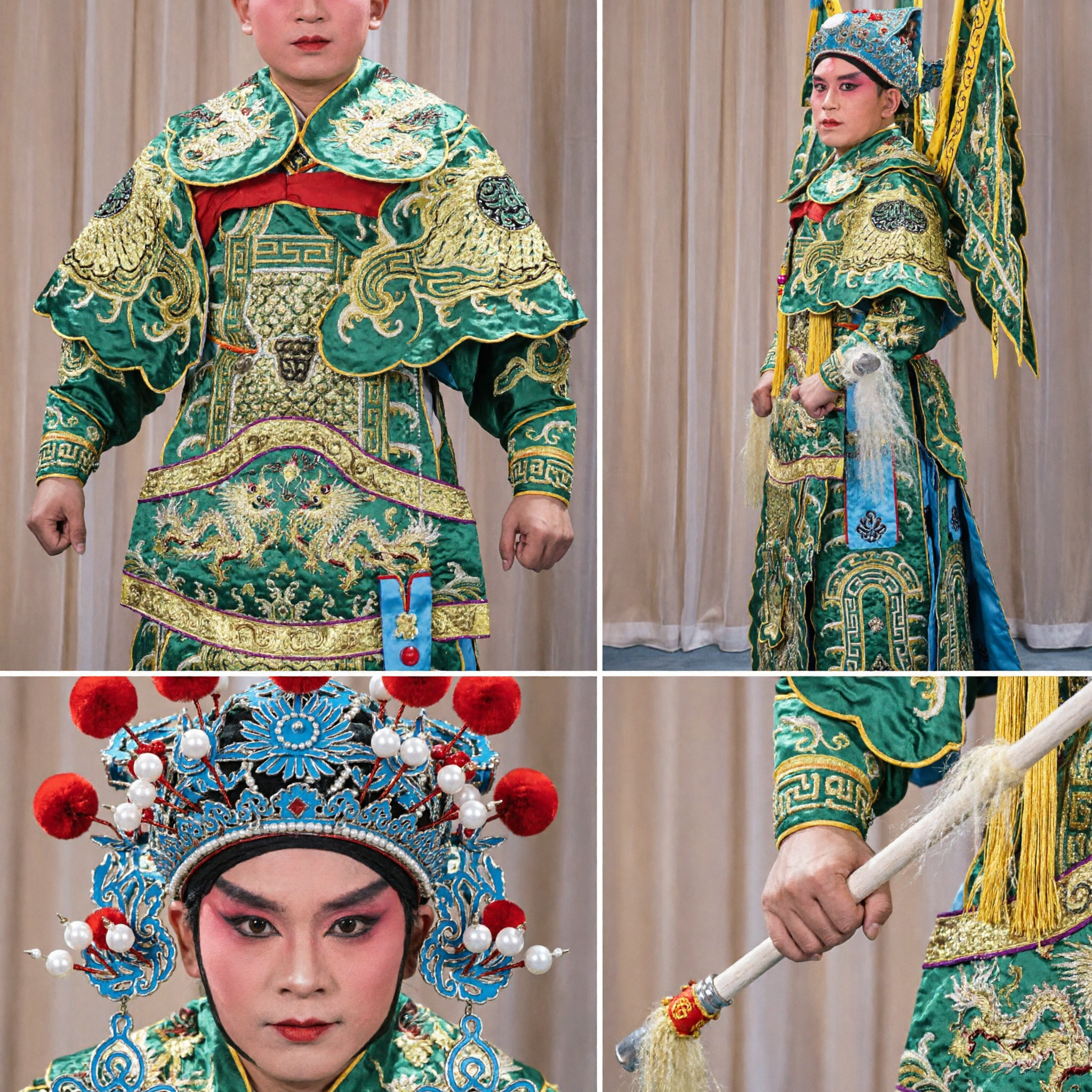 Traditional Chinese Beijing Opera Green General Armor Costume with Flags for Men Stage Performance - Asian Costume