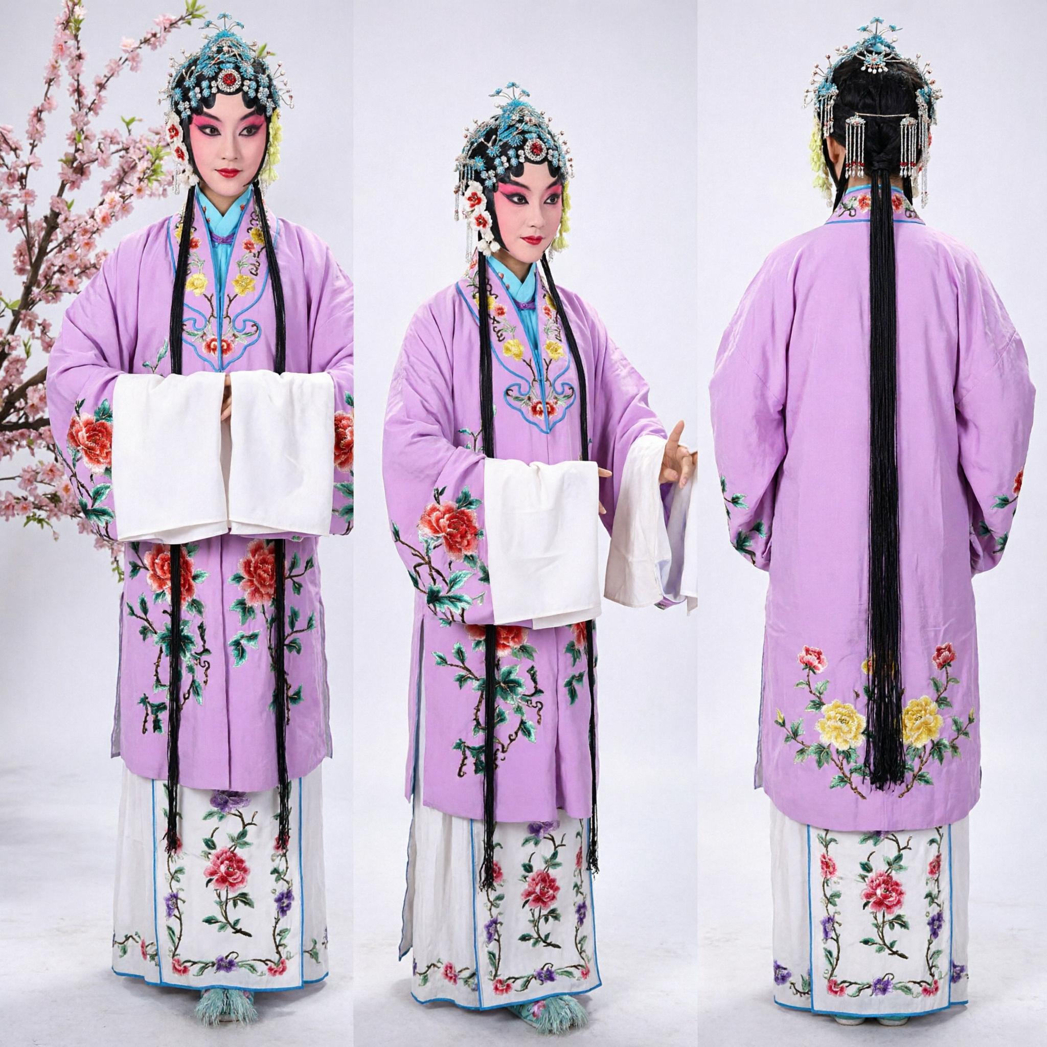 Traditional Chinese Peking Opera Costume Female Purple Embroidered Robe with Water Sleeves Stage Performance Dress - Asian Costume