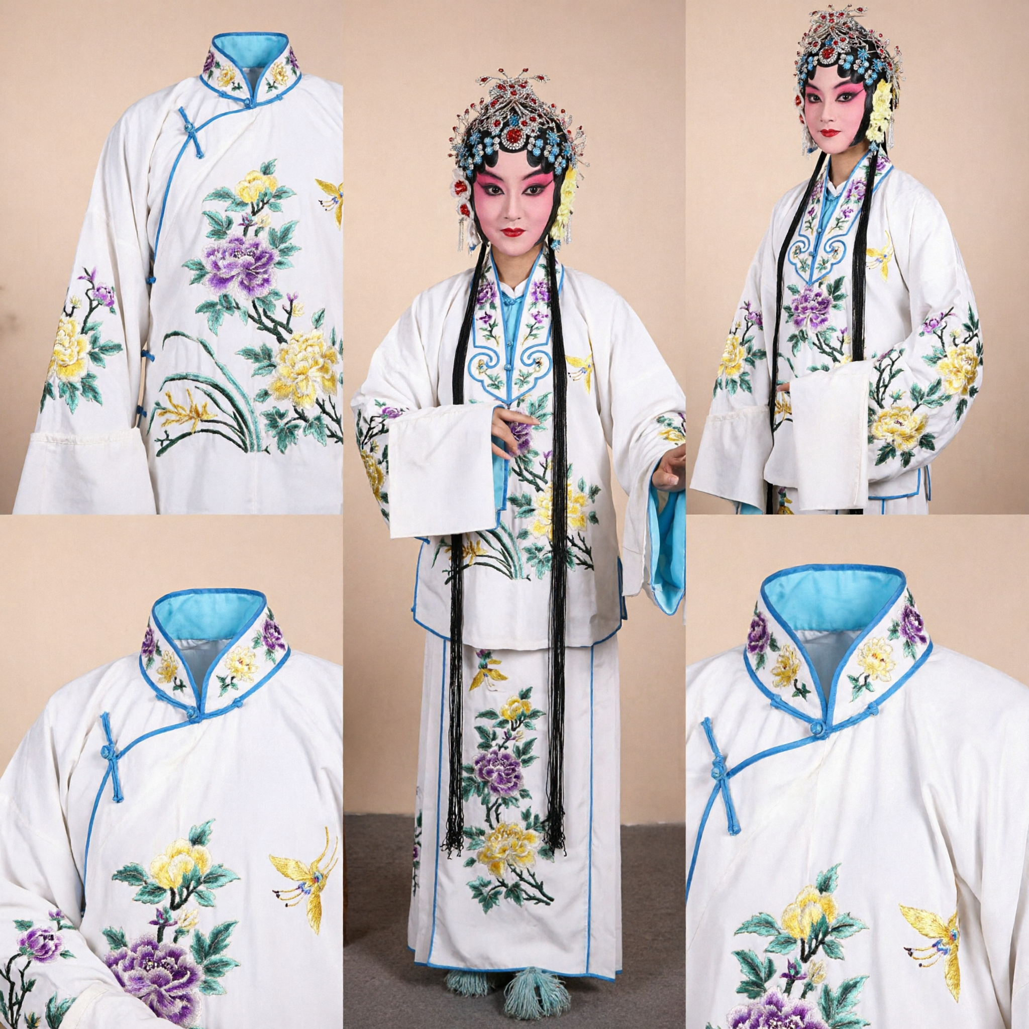 Traditional Chinese Peking Opera Costume White Floral Embroidery Robe for Female Stage Performance and Cosplay - Asian Costume