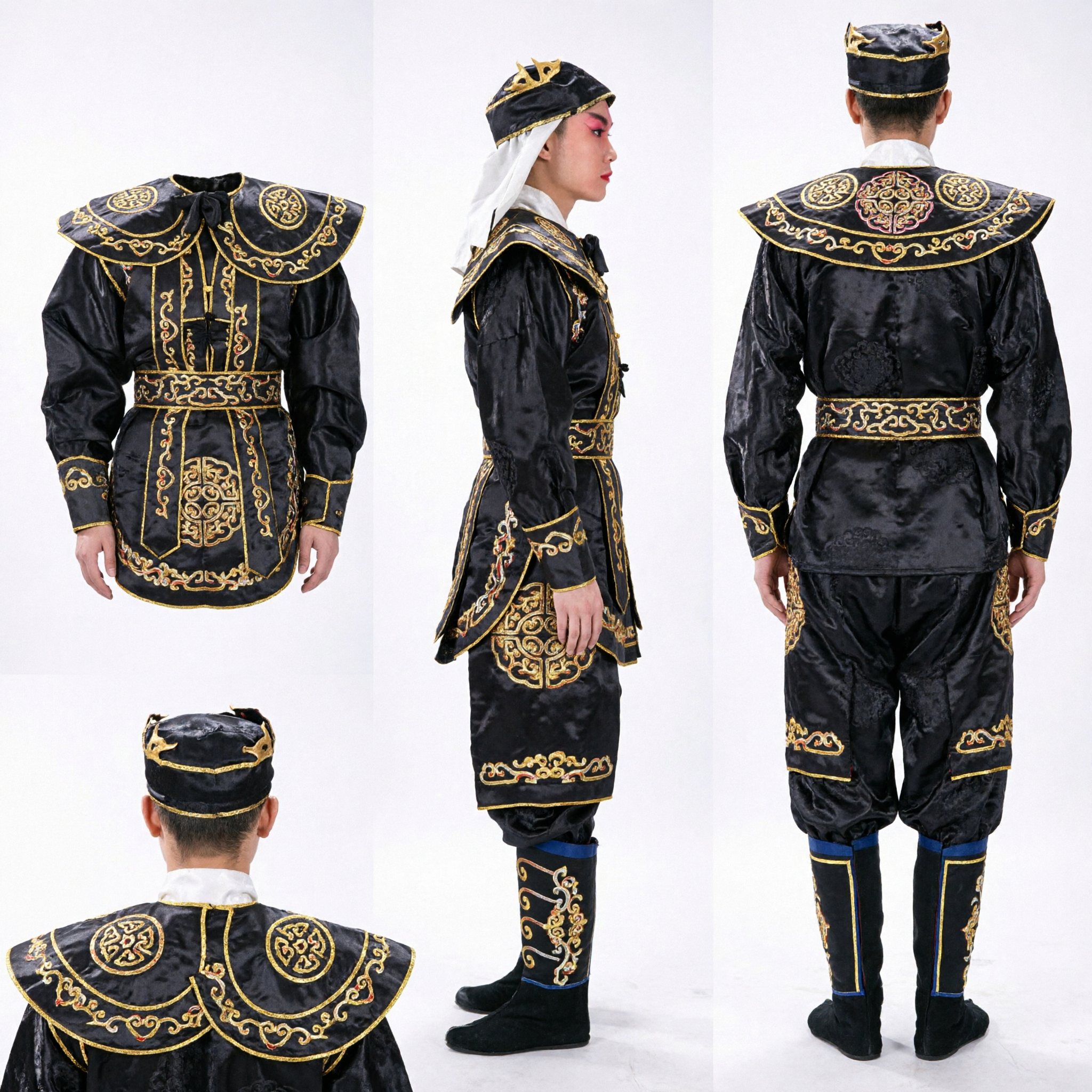 Traditional Chinese Peking Opera General Costume Black Gold Embroidery Warrior Armor Outfit for Men Stage Performance - Asian Costume