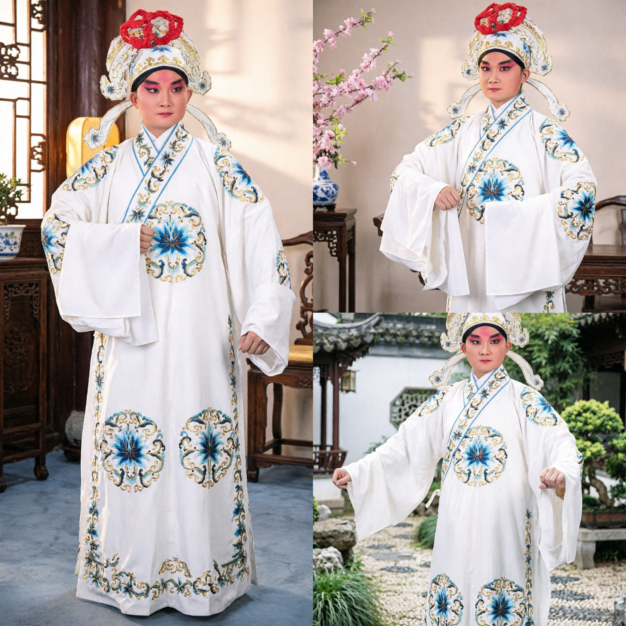 Traditional Chinese Peking Opera Costume Men's White Embroidered Scholar Robe and Headdress for Stage Performance - Asian Costume