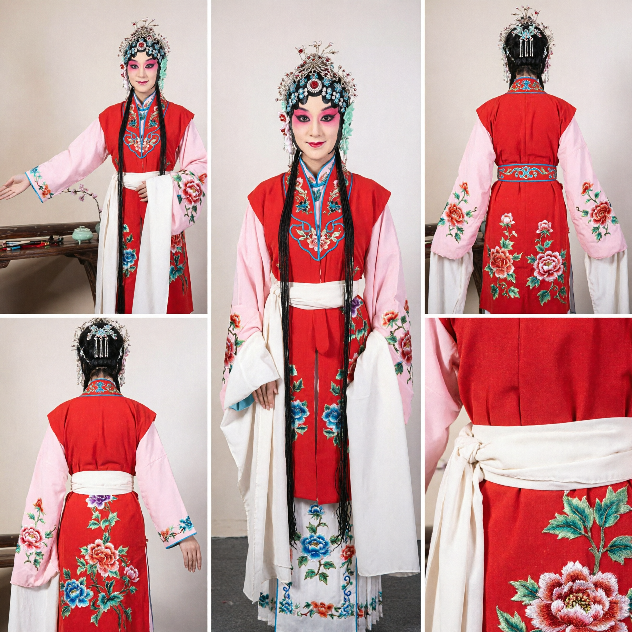 Traditional Chinese Beijing Opera Costume Female Warrior Complete Set Red Embroidered Vest Pink Sleeves Headdress for Stage Performance - Asian Costume