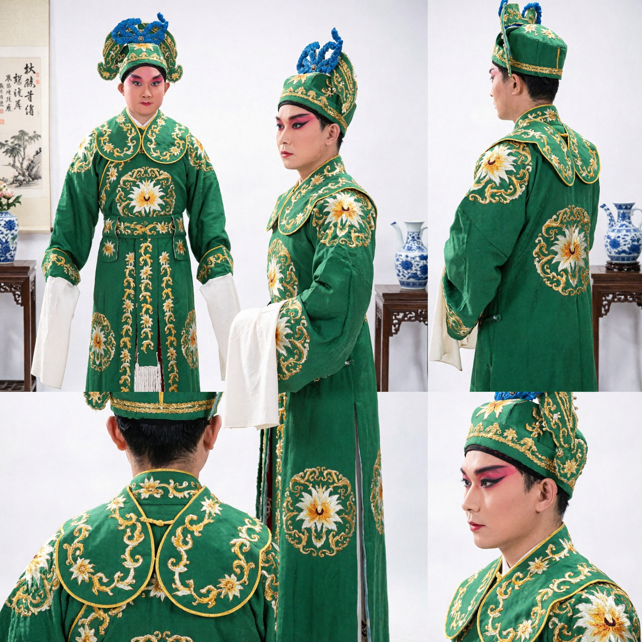 Traditional Chinese Peking Opera Green Embroidered Robe Costume Set for Men Martial Stage Performance - Asian Costume