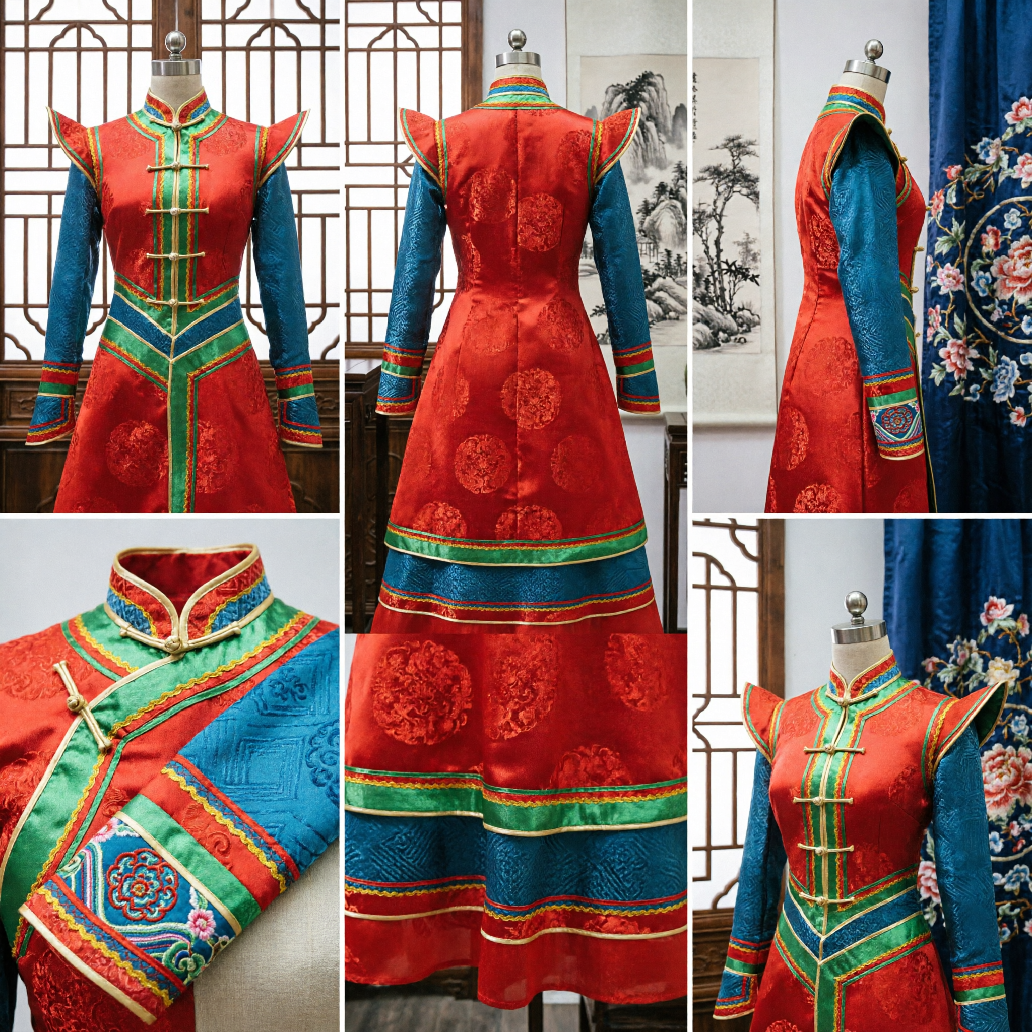 Traditional Mongolian Red Robe for Women Ethnic Minority Dance Costume with Blue Sleeves and Embroidery - Asian Costume