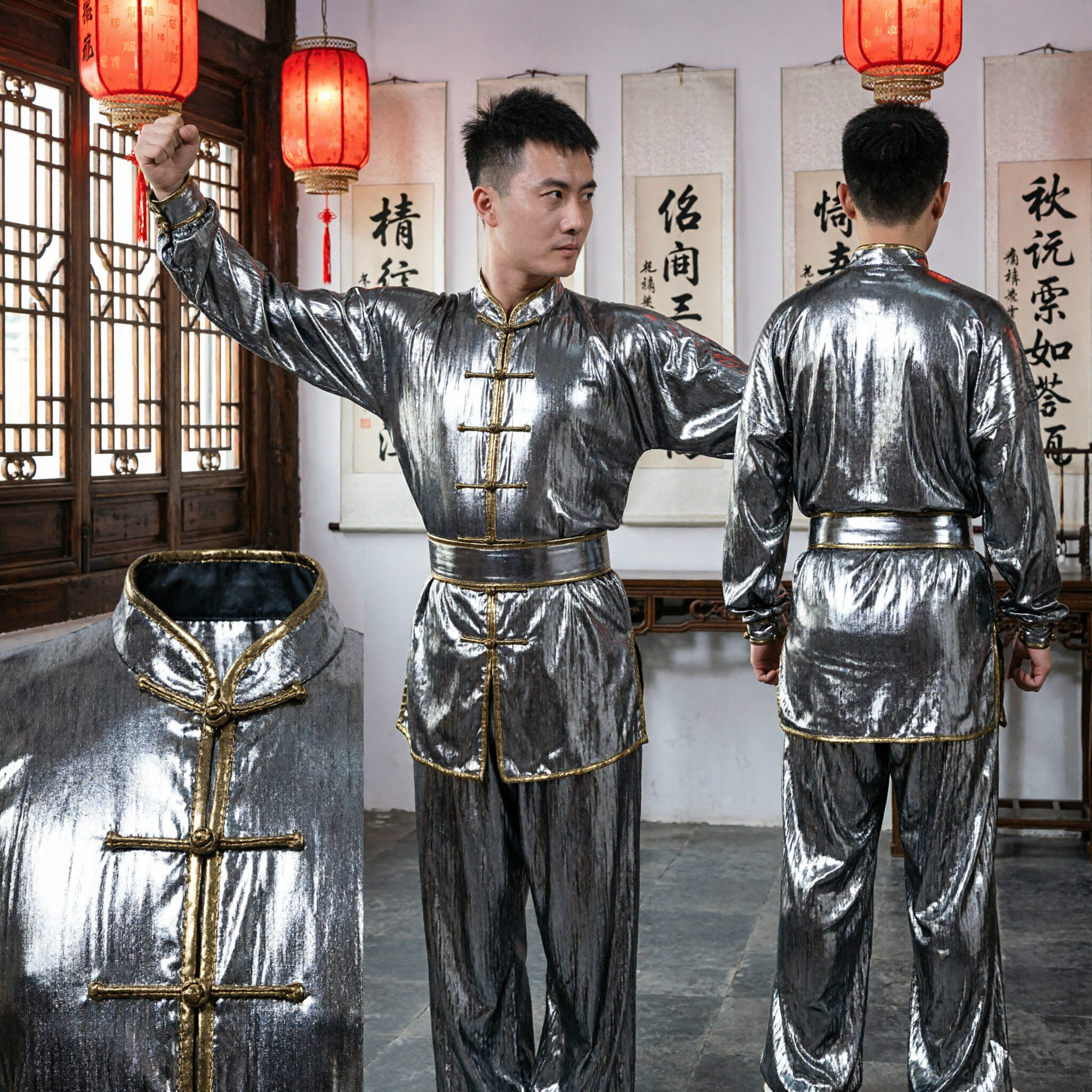 Men's Metallic Grey Kung Fu Uniform Traditional Tai Chi Wushu Martial Arts Performance Suit - Asian Costume