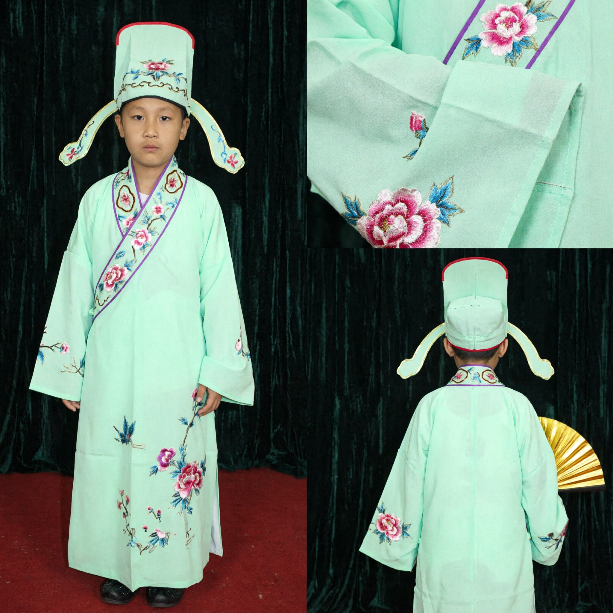 Kids Boys Traditional Chinese Scholar Costume Ancient Hanfu Robe Set with Hat Fan for Stage Performance - Asian Costume