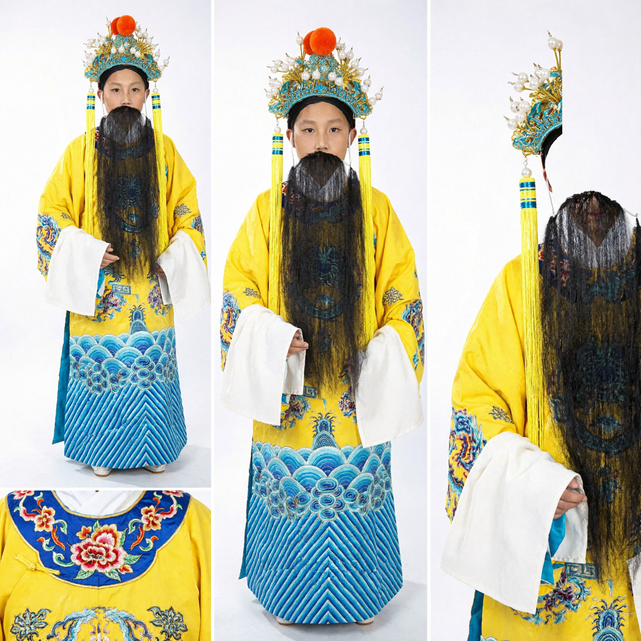 Traditional Chinese Peking Opera Emperor Costume Yellow Dragon Robe with Beard and Headdress for Stage Performance - Asian Costume