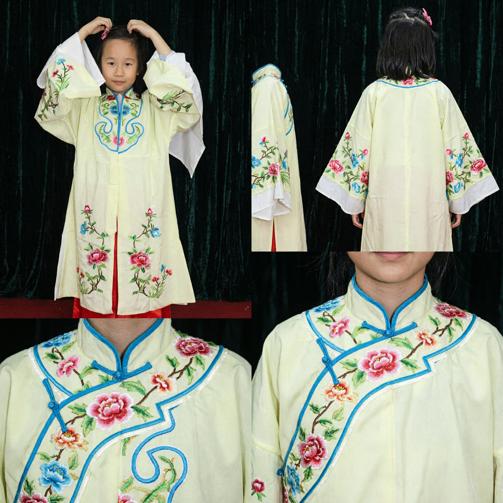 Kids Traditional Chinese Opera Costume Yellow Floral Embroidery Peking Opera Performance Outfit for Girls - Asian Costume