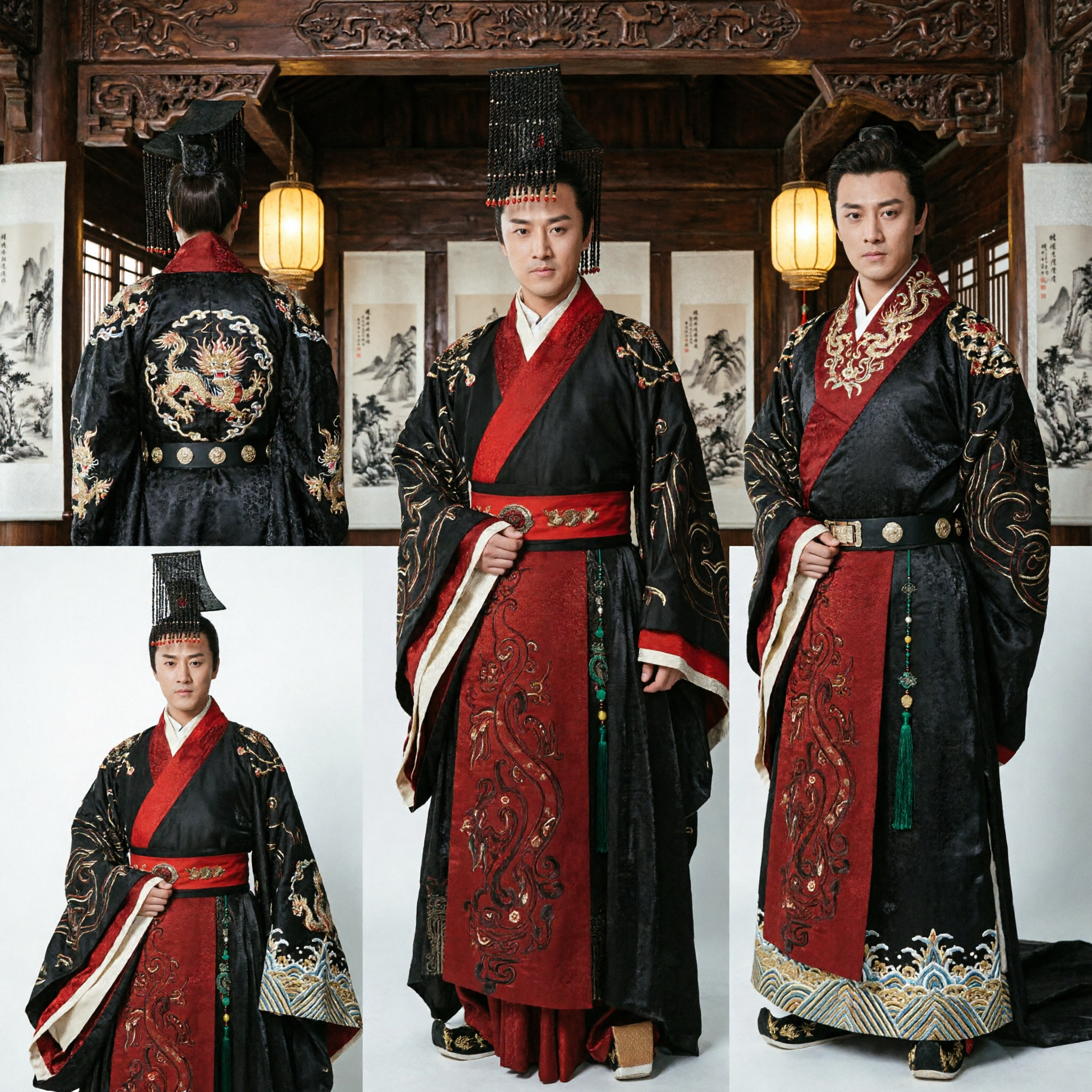 Men's Ancient Chinese Emperor Hanfu Costume Traditional Black and Red Robe with Crown for Cosplay - Asian Costume