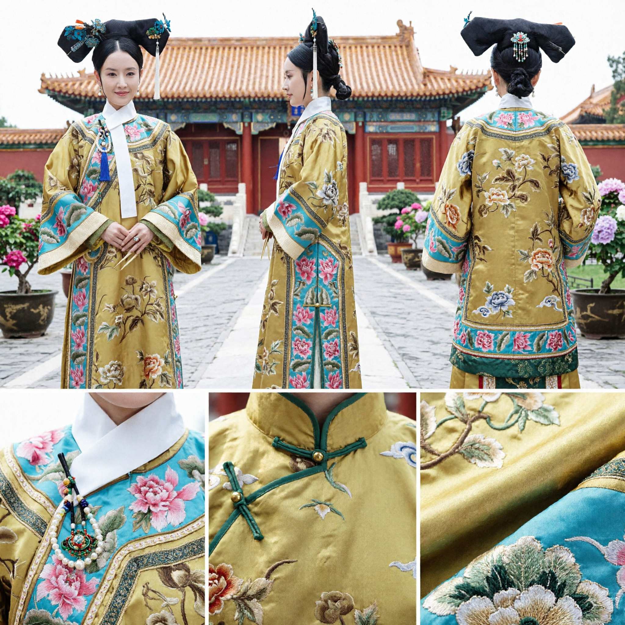 Traditional Chinese Qing Dynasty Manchu Princess Costume Yellow Embroidered Robe Ancient Palace Drama Clothing for Women - Asian Costume