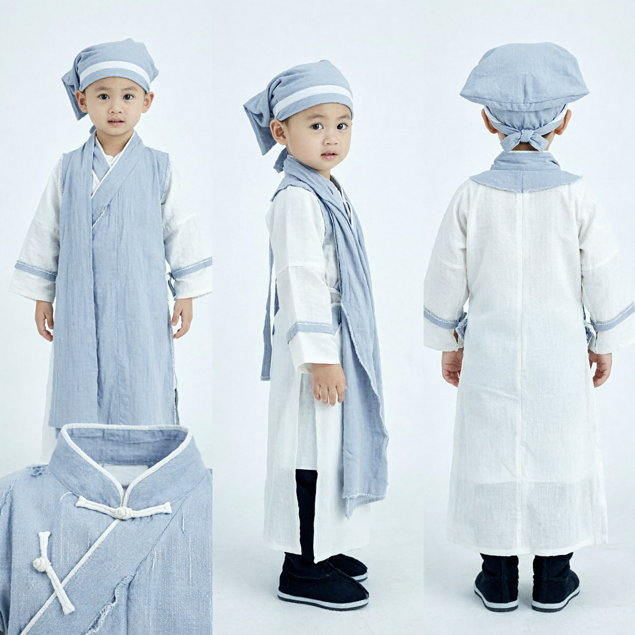 Ancient Chinese Scholar Hanfu Costume for Kids Traditional Blue Robe and Hat Set for Boys Cosplay - Asian Costume