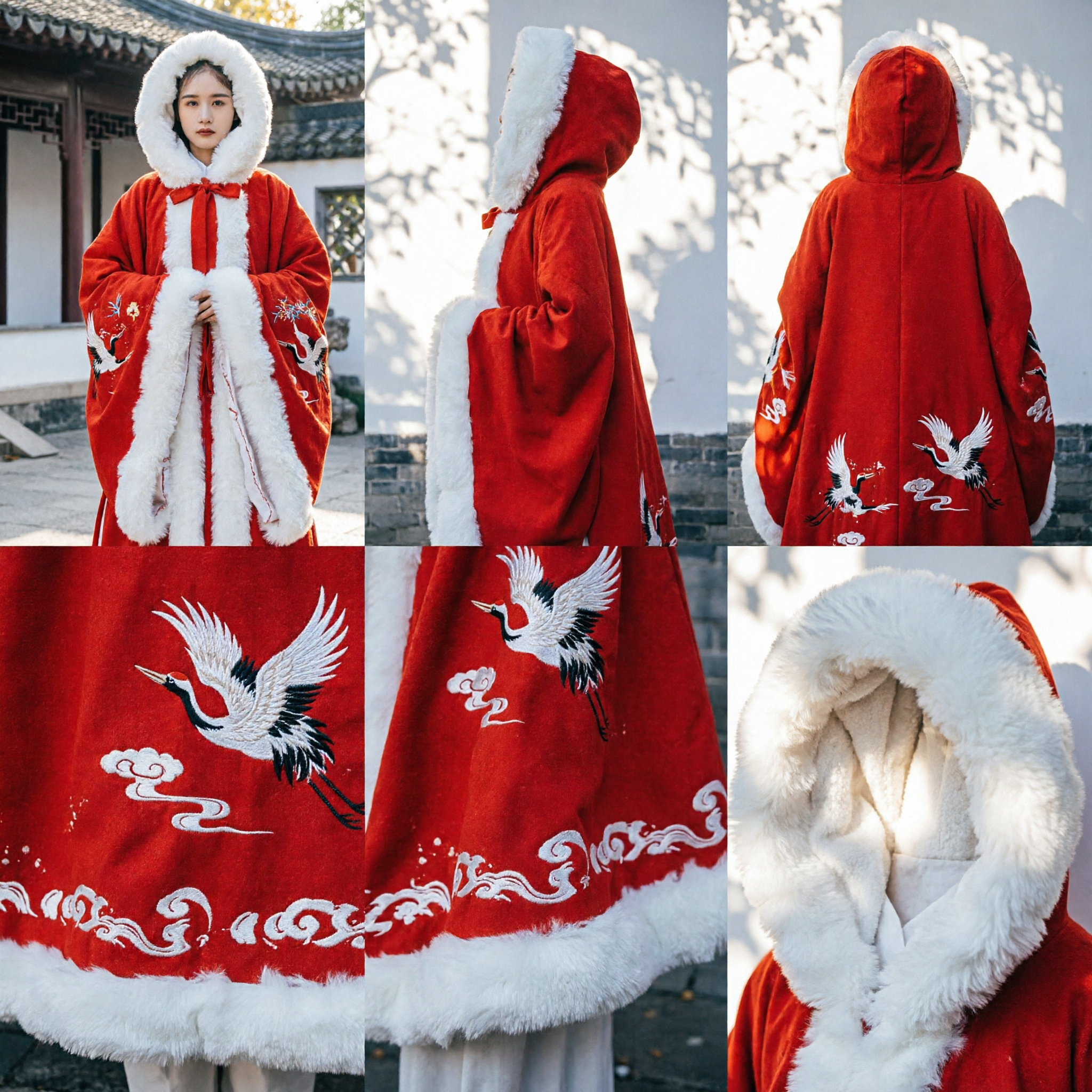 Traditional Chinese Red Hanfu Cloak with White Fur Trim and Crane Embroidery for Women Winter Wear - Asian Costume