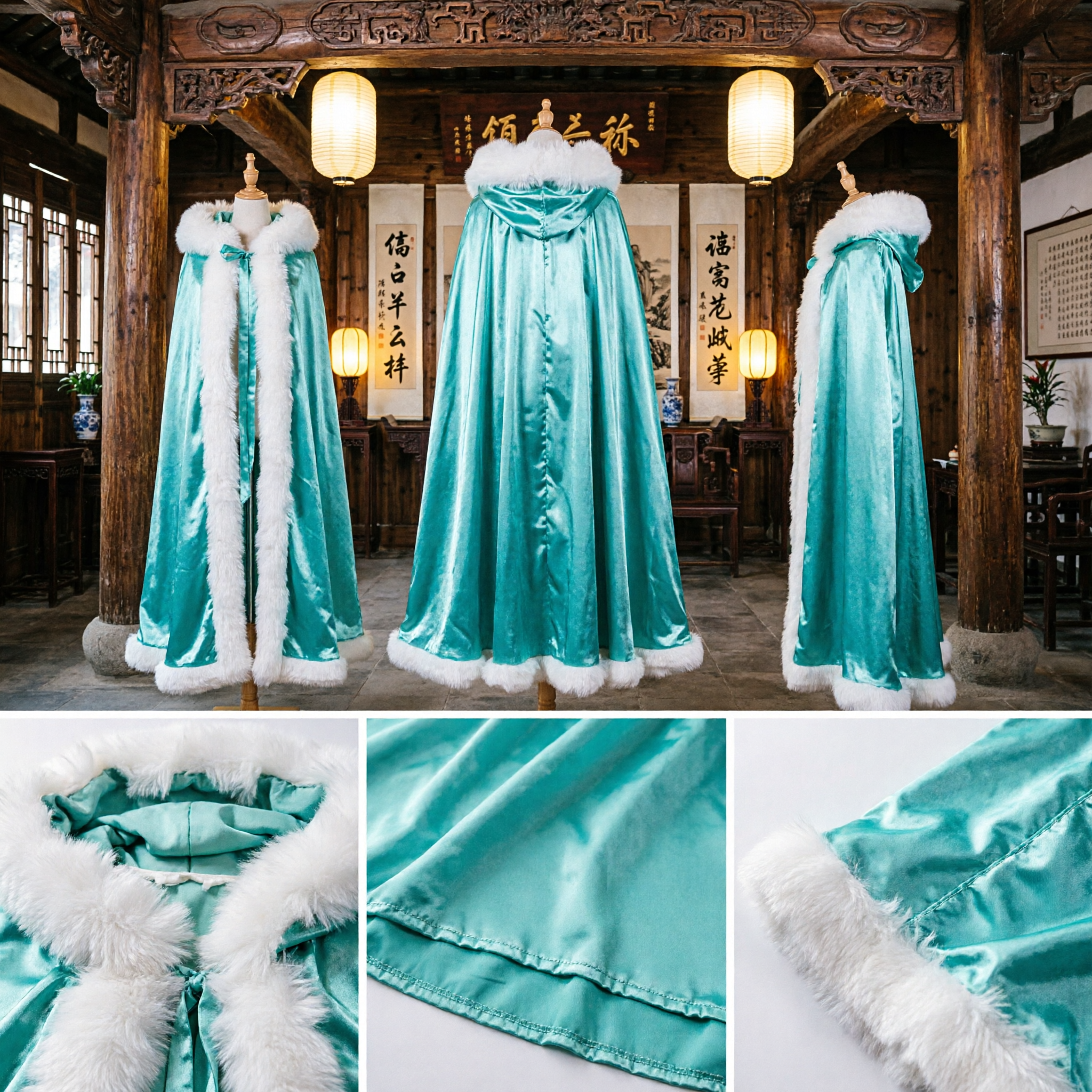 Elegant Mint Green Hanfu Winter Cloak with White Fur Trim Hooded Cape for Traditional Costume Cosplay - Asian Costume