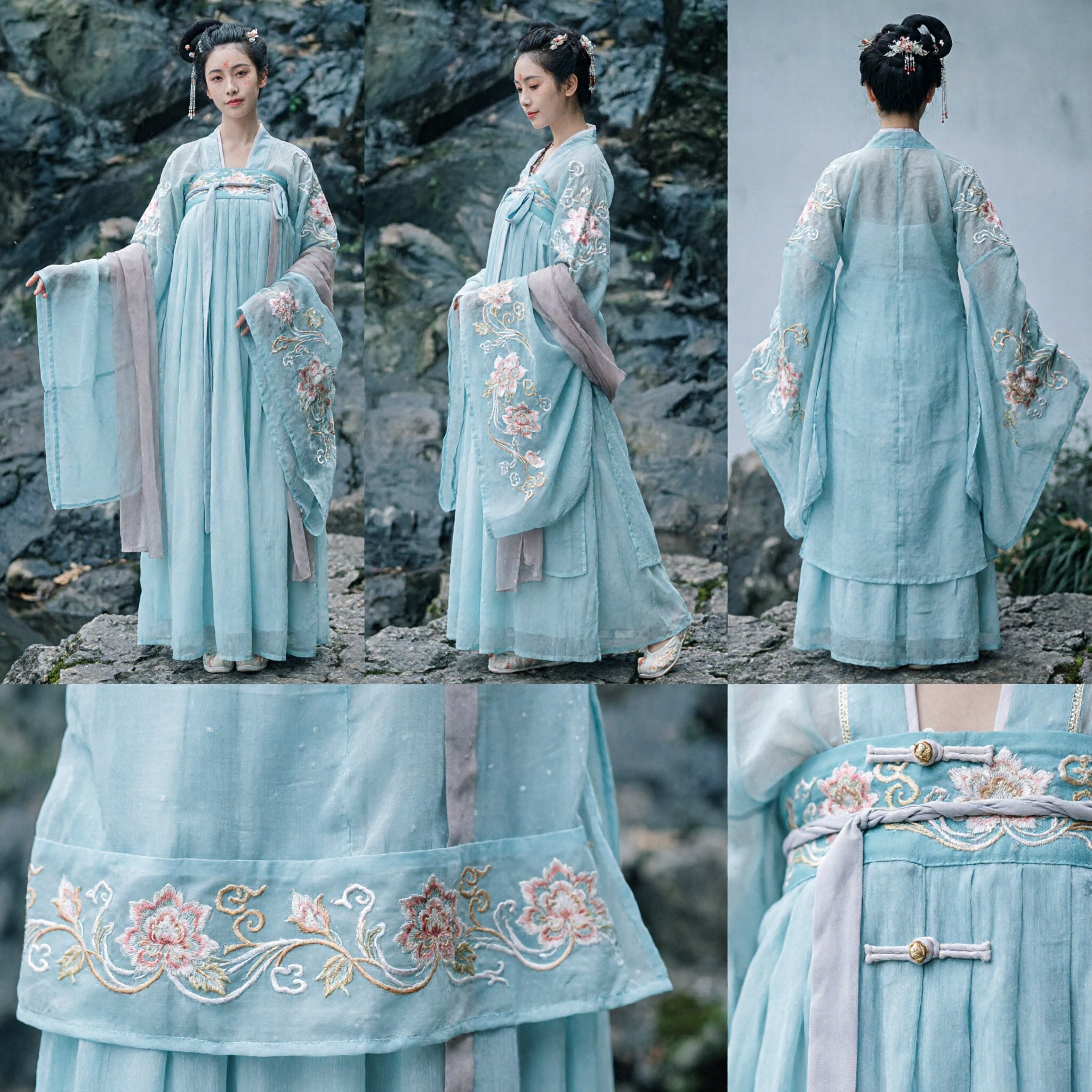 Traditional Chinese Tang Dynasty Hanfu Costume Women Light Blue Ruqun Dress for Ancient Photography and Cosplay - Asian Costume
