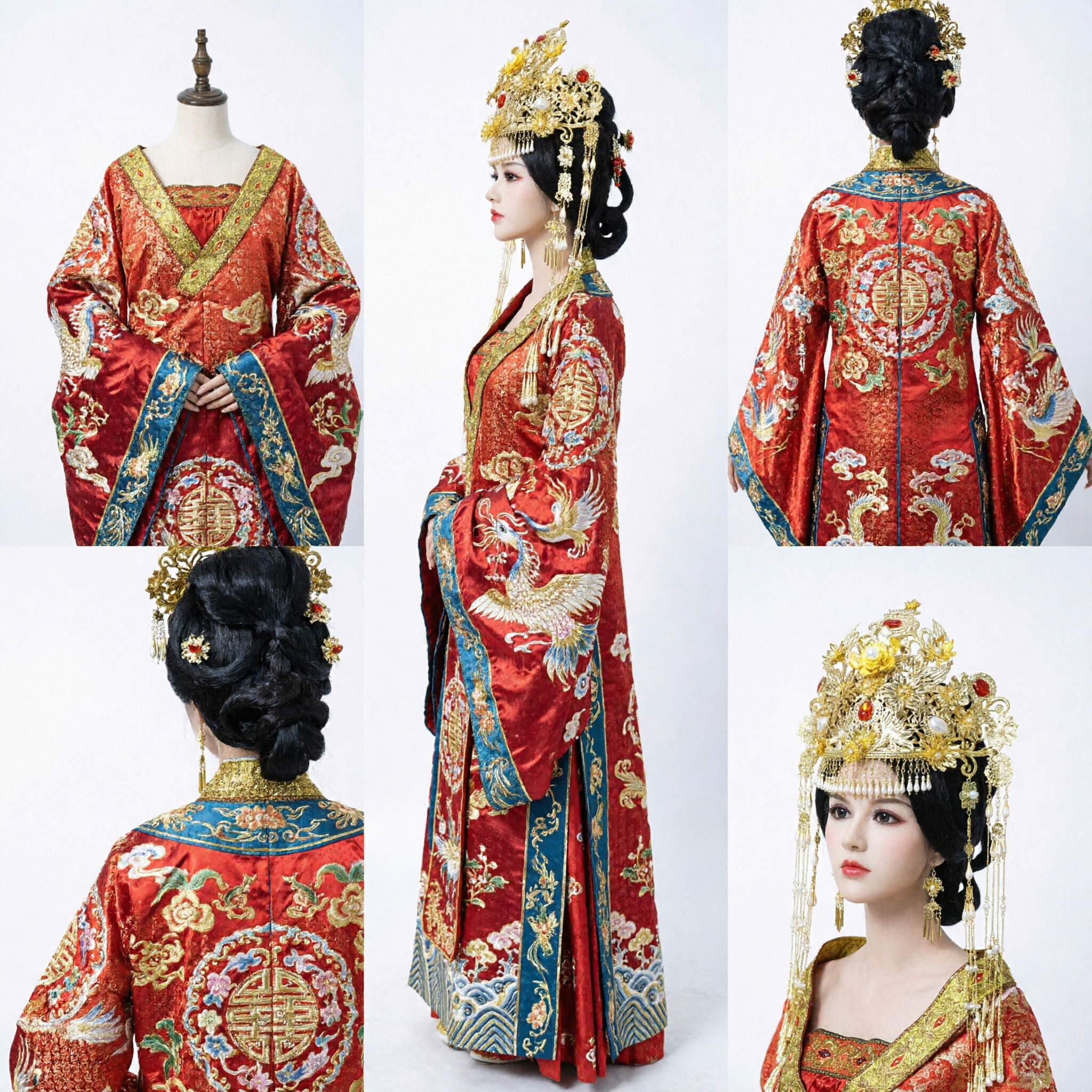 Ancient Chinese Traditional Wedding Phoenix Crown Headpiece Gold Pearl Tassel Hair Accessories for Hanfu Brides - Asian Costume