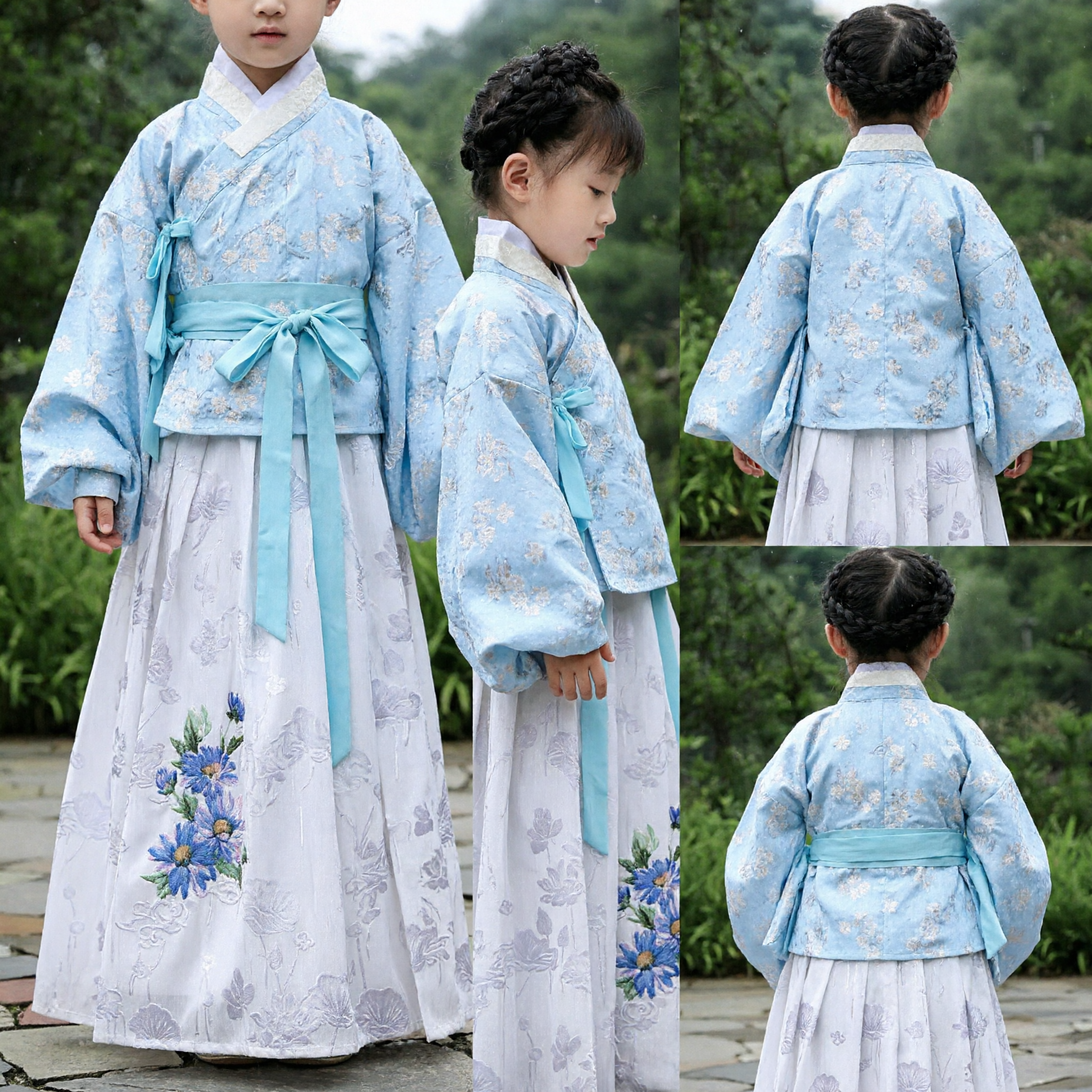Traditional Chinese Hanfu for Kids Girls Light Blue Cross-Collar Top and White Floral Embroidered Skirt Ancient Costume Set - Asian Costume