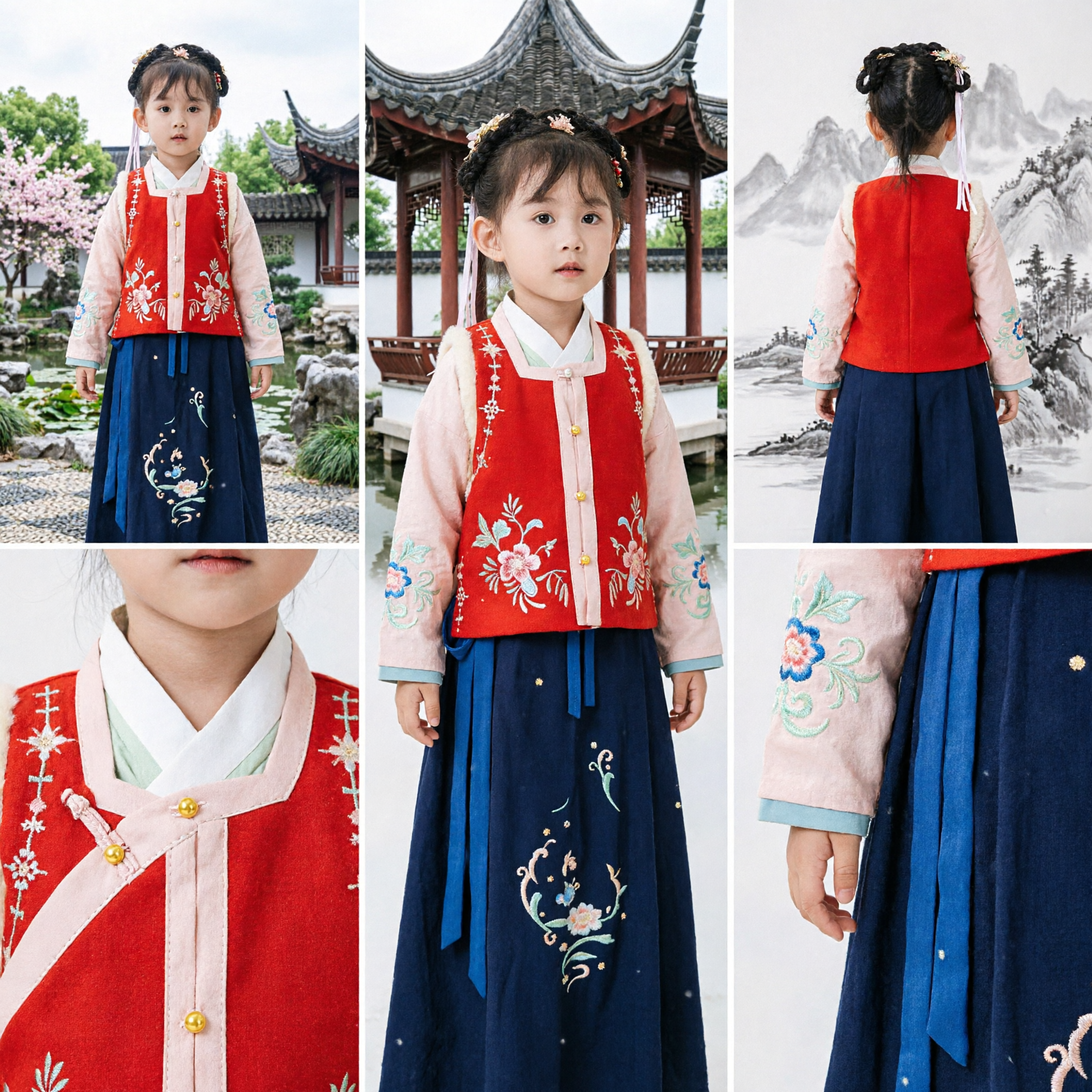 Traditional Korean Hanbok Costume for Kids Girls Embroidered Red Top Blue Skirt Set for Festivals - Asian Costume