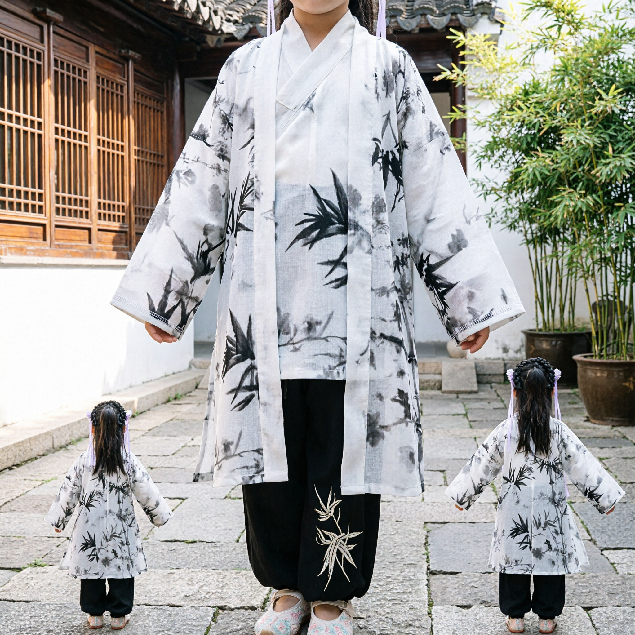 Kids Chinese Traditional Hanfu Costume Girl Ink Wash Bamboo Print Ancient Clothing for Dance Performance - Asian Costume