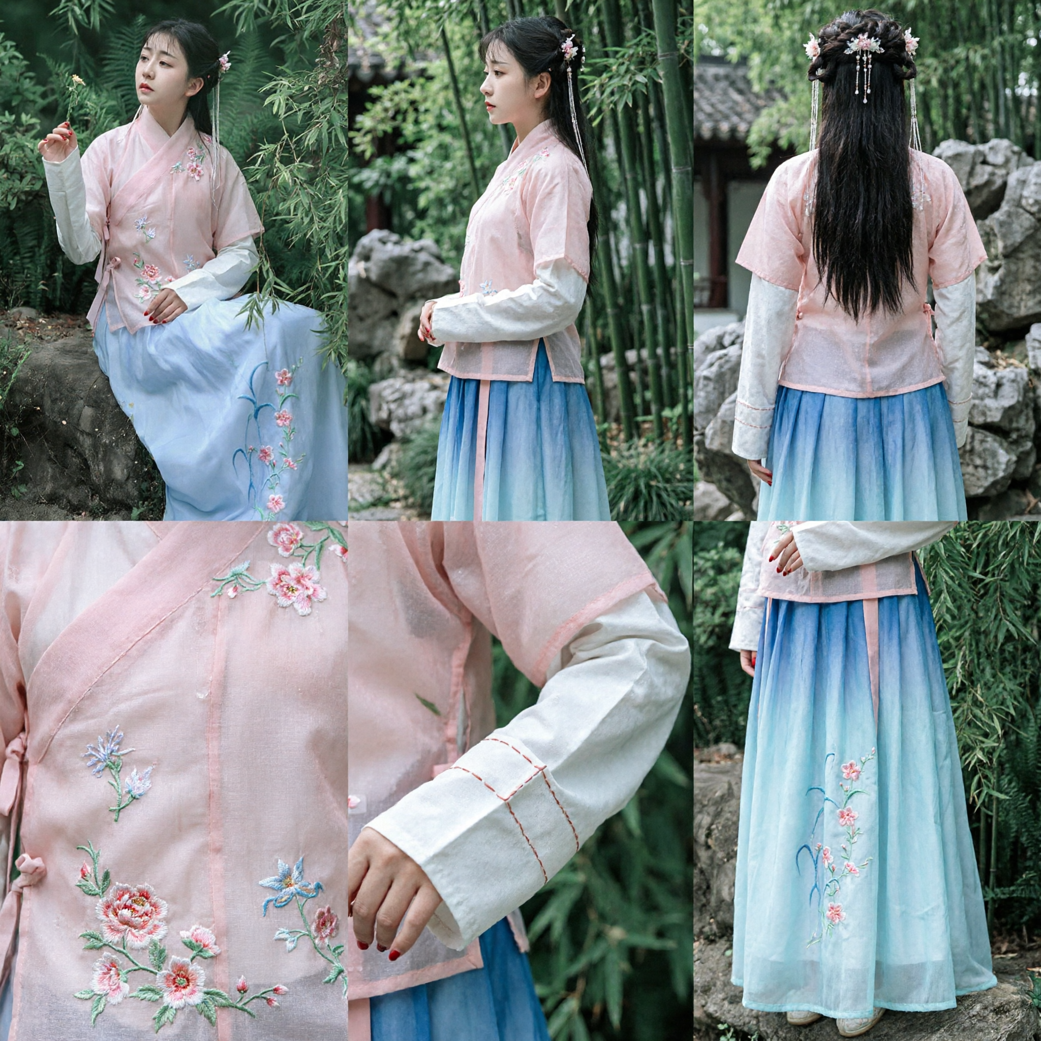 Elegant Traditional Chinese Hanfu Ming Dynasty Ancient Costume Pink Embroidered Top and Blue Skirt Set for Women - Asian Costume
