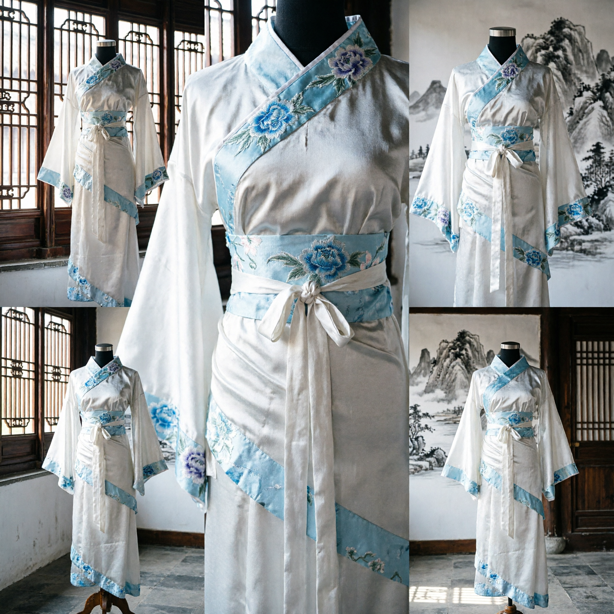 Traditional Chinese Hanfu Costume White and Blue Floral Ancient Clothing for Cosplay and Stage Performance - Asian Costume