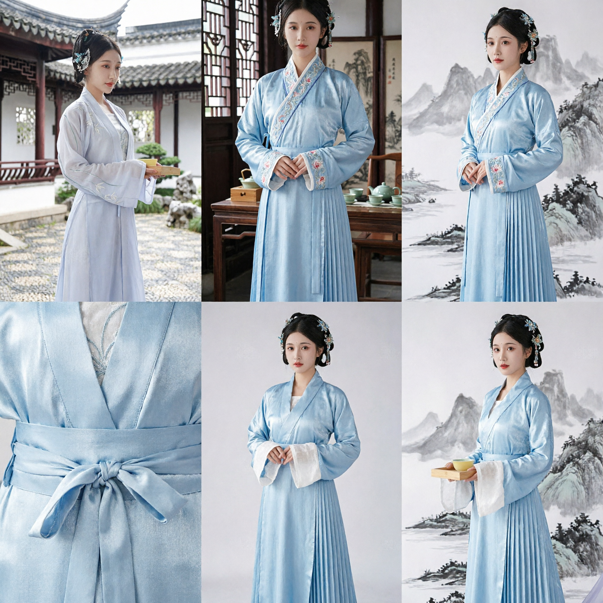 Elegant Light Blue Chinese Hanfu Costume Ancient Song Dynasty Embroidered Robe for Women Tea Ceremony Performance - Asian Costume