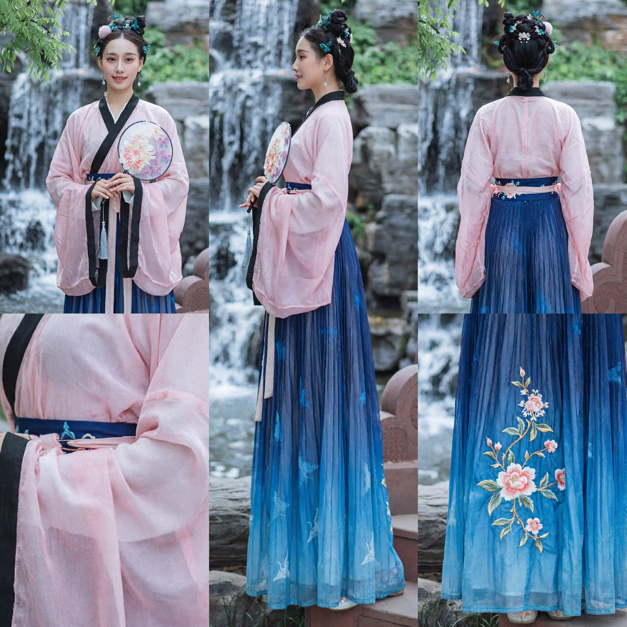 Traditional Chinese Hanfu Costume Women Pink Top Blue Gradient Crane Skirt Ancient Princess Dress for Photoshoot - Asian Costume