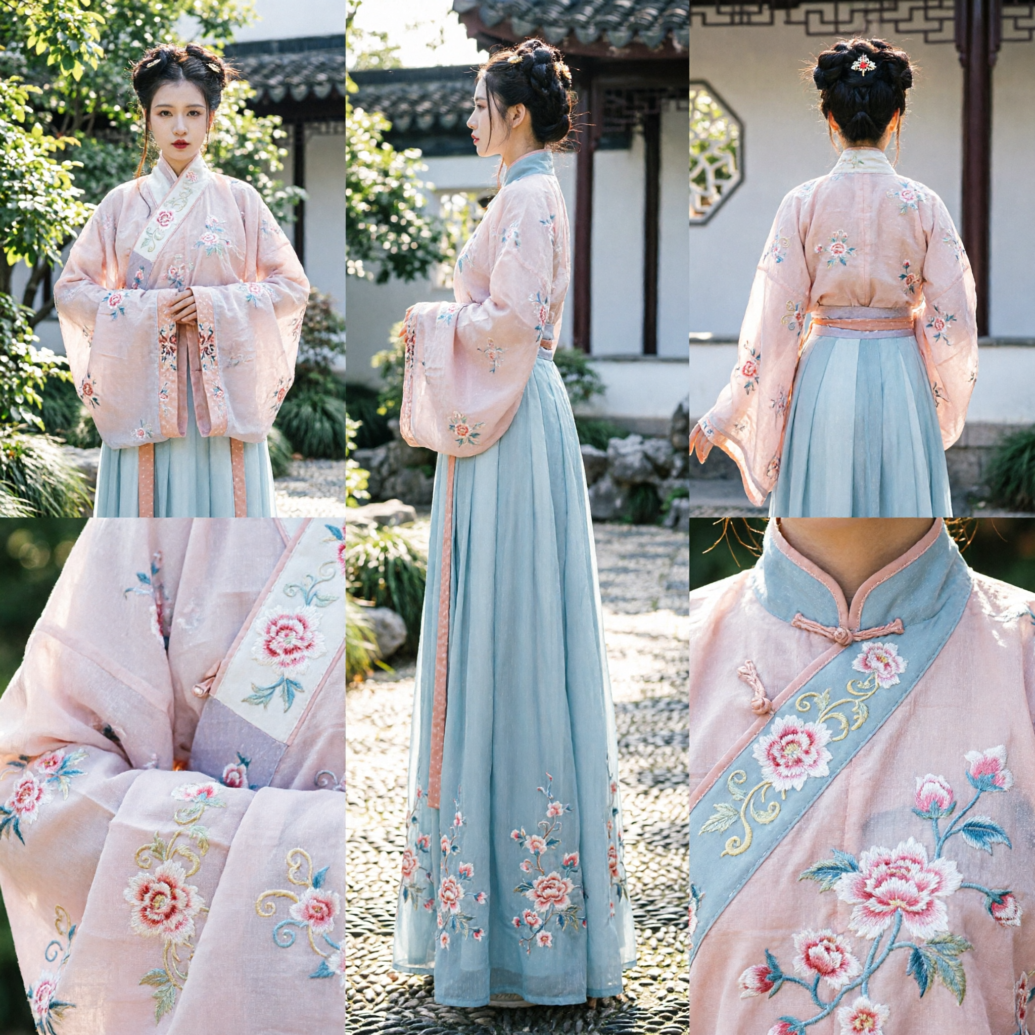 Elegant Pink and Blue Traditional Chinese Hanfu Costume Women Ancient Embroidered Ruqun Set for Cosplay - Asian Costume